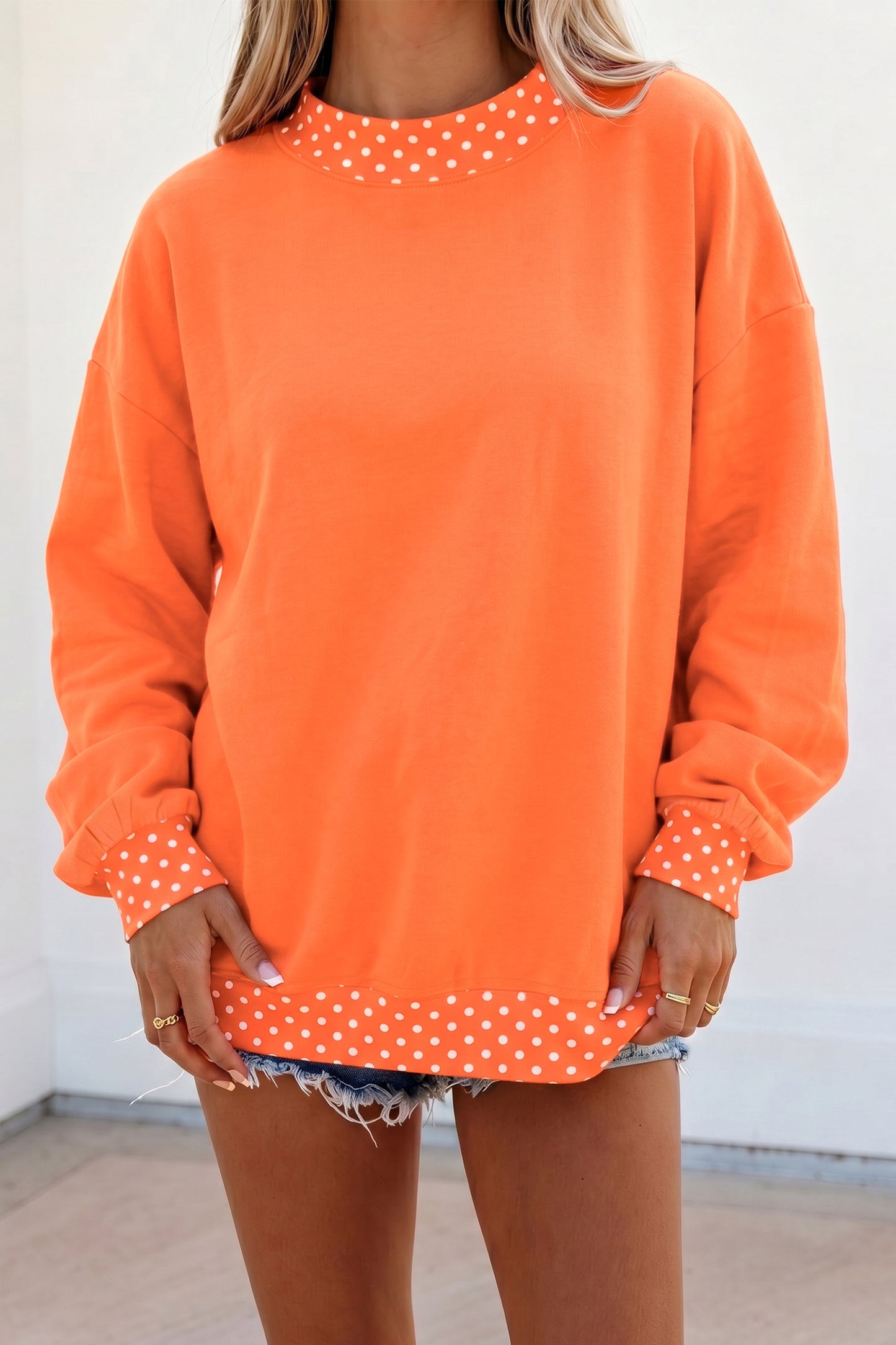 Brown Colorblock Polka Dot Contrast Trim Oversized Sweatshirt