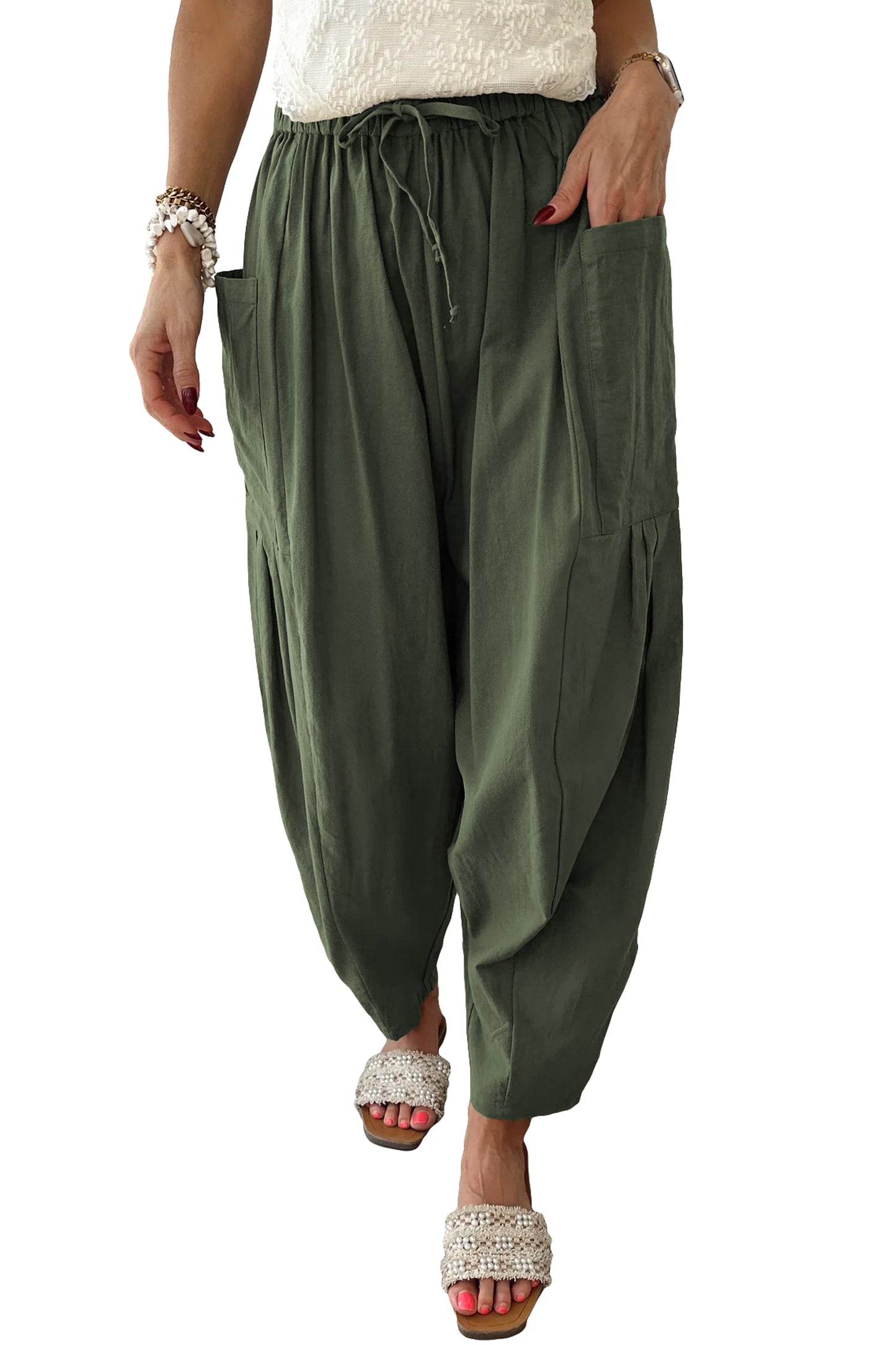 Jungle Green Drawstring Elastic Waist Patch Pocket Barrel Leg Casual Pants
