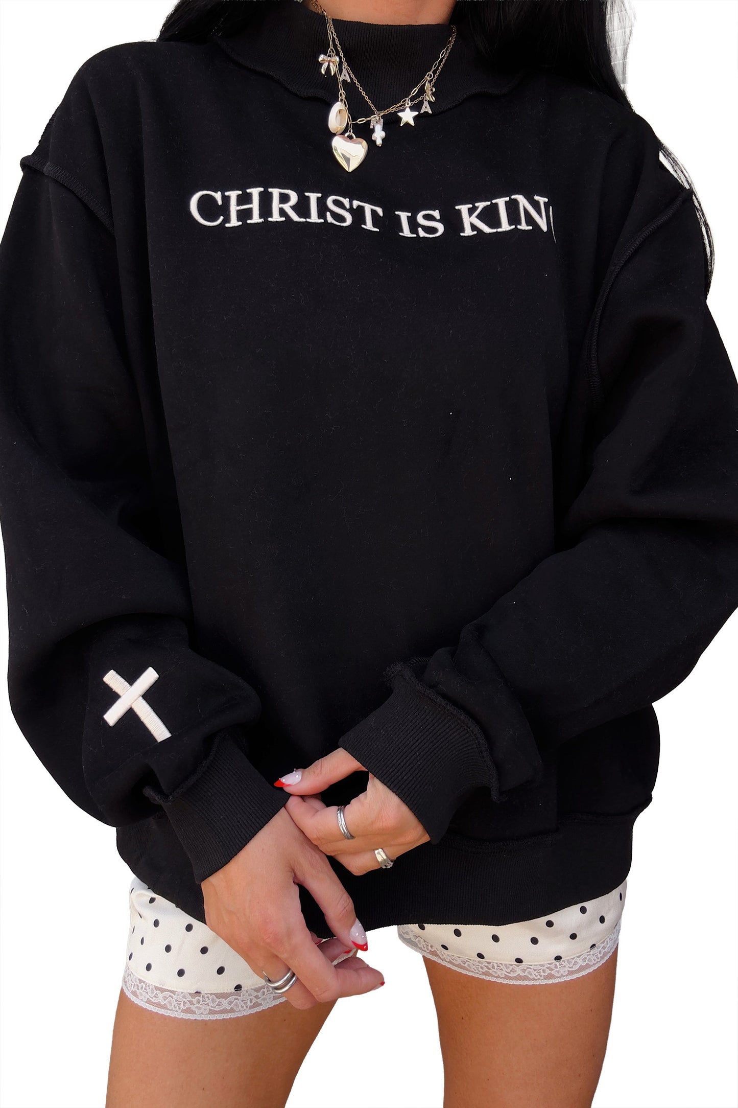 Beige CHRIST IS KING Embroidery High Neck Baggy Sweatshirt