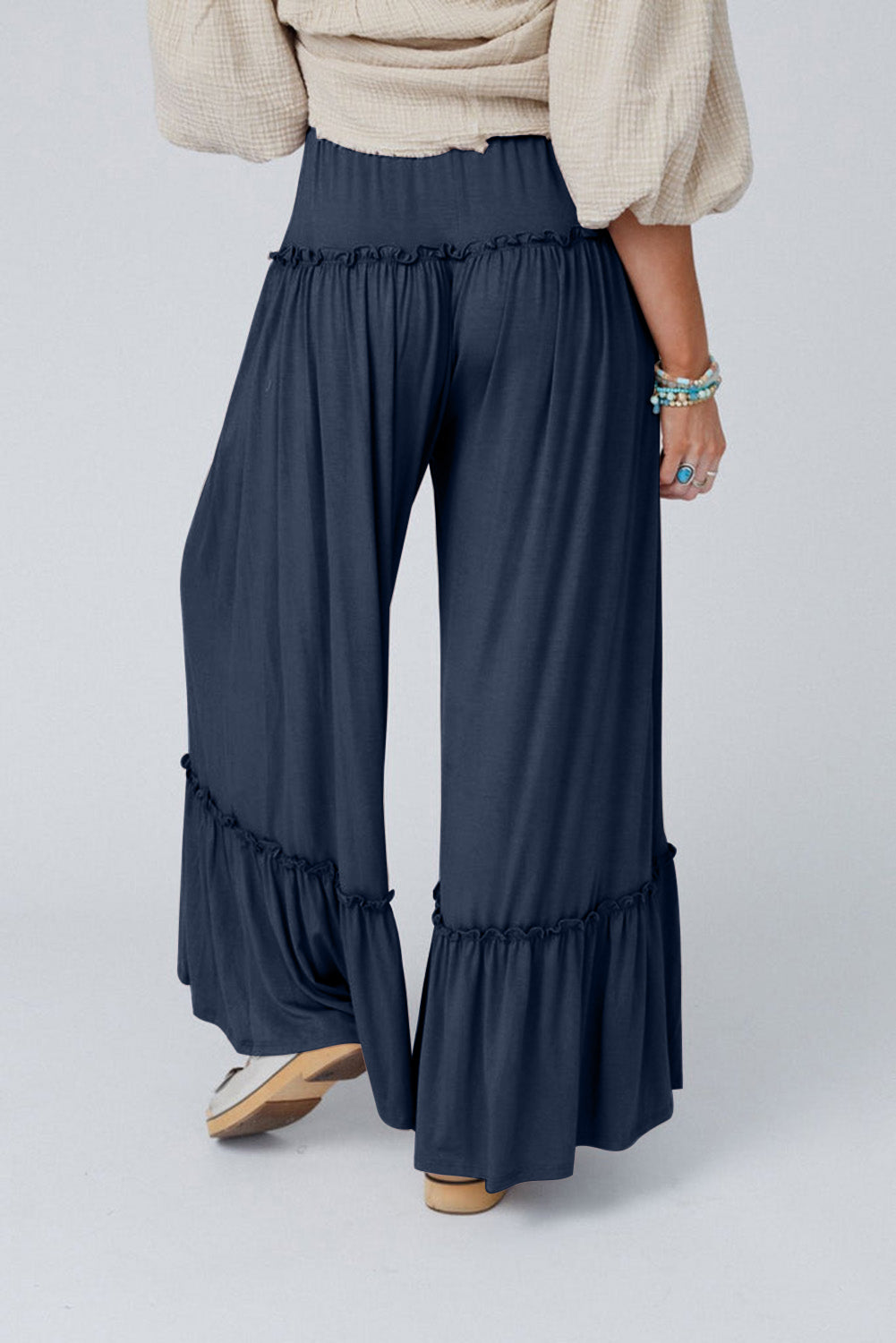 Navy Blue Frilled Drawstring High Waist Wide Leg Pants