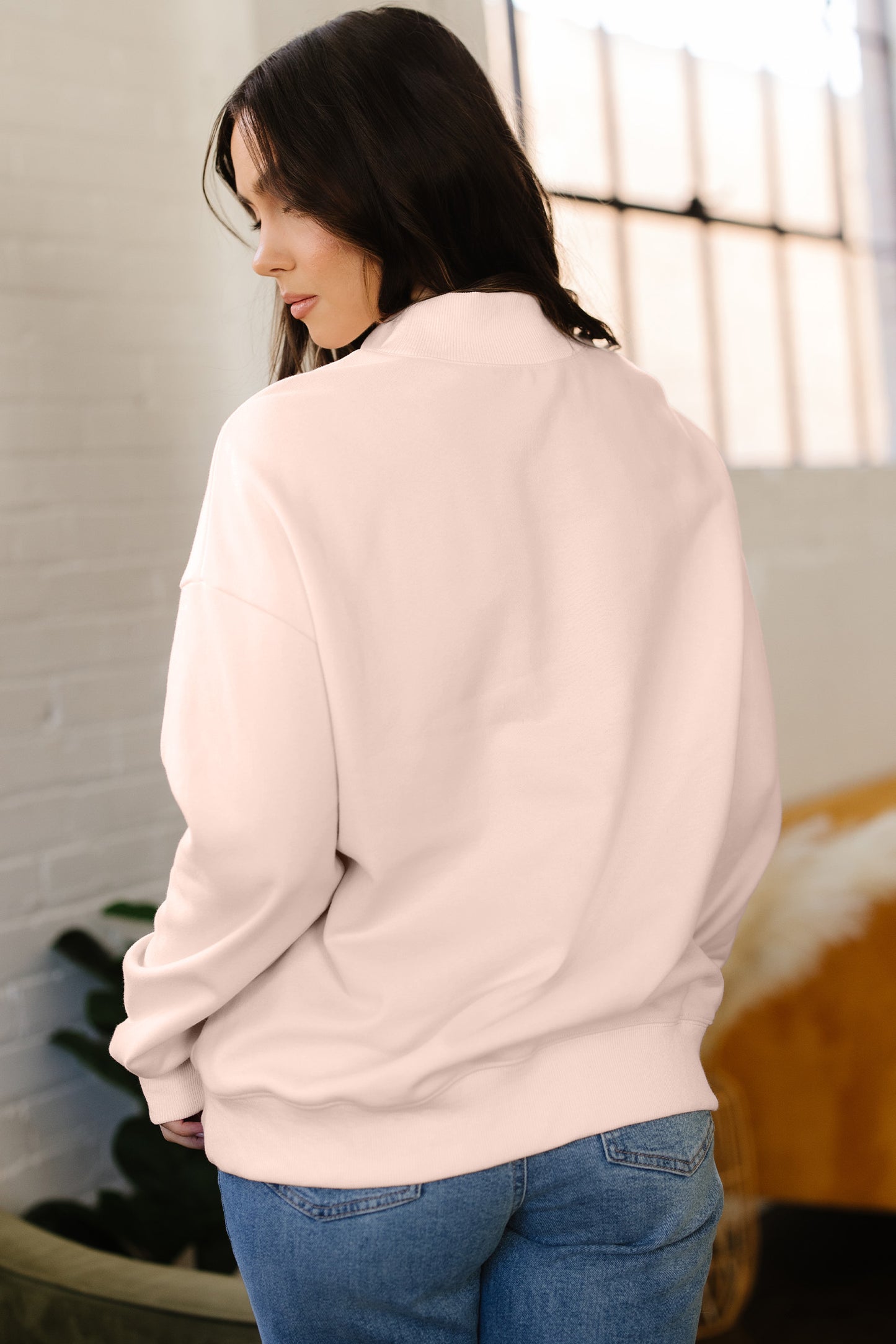 Bright Pink Oversize Blessed Embroidered Mock Neck Sweatshirt