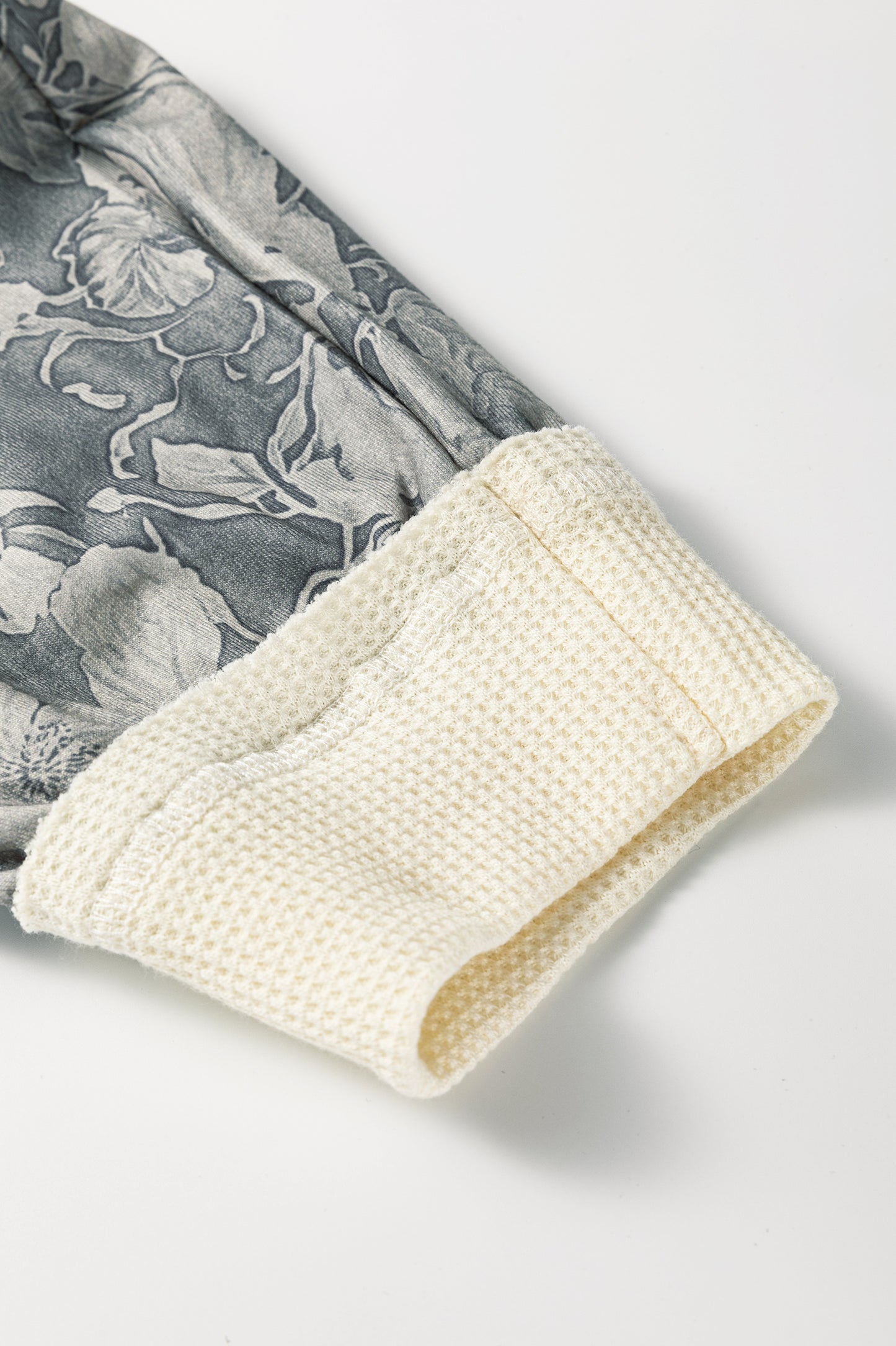 White Waffle Printed Patchwork Drawstring Hooded Long Sleeve Top