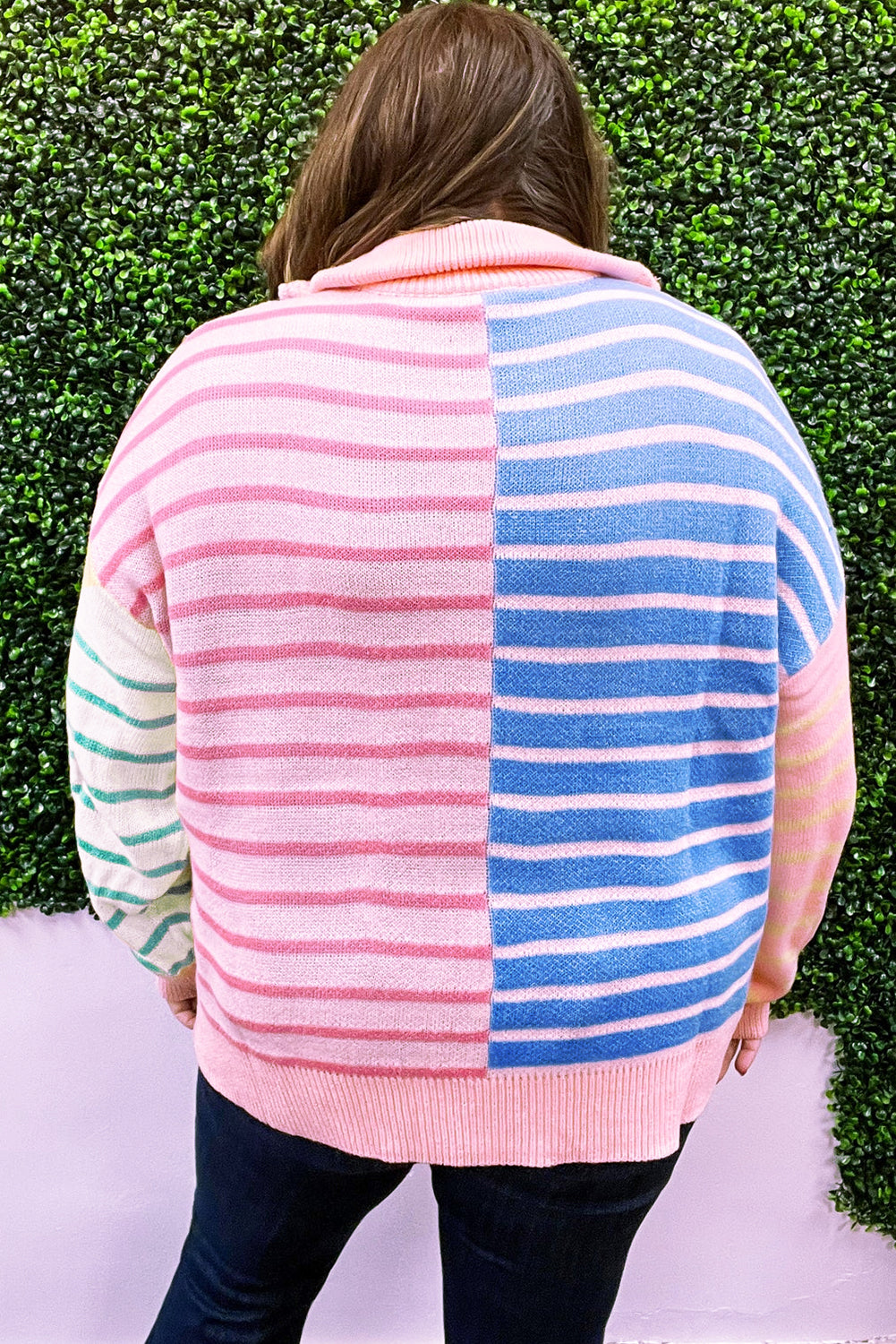 Sky Blue Stripe Colorblock Patchwork Plus Size Zip Collar Sweater