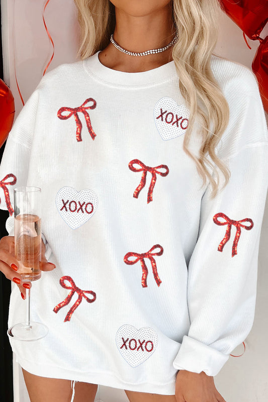White Sequin Ribbon Bow XOXO Heart Patched Corded Rib Pullover Sweatshirt