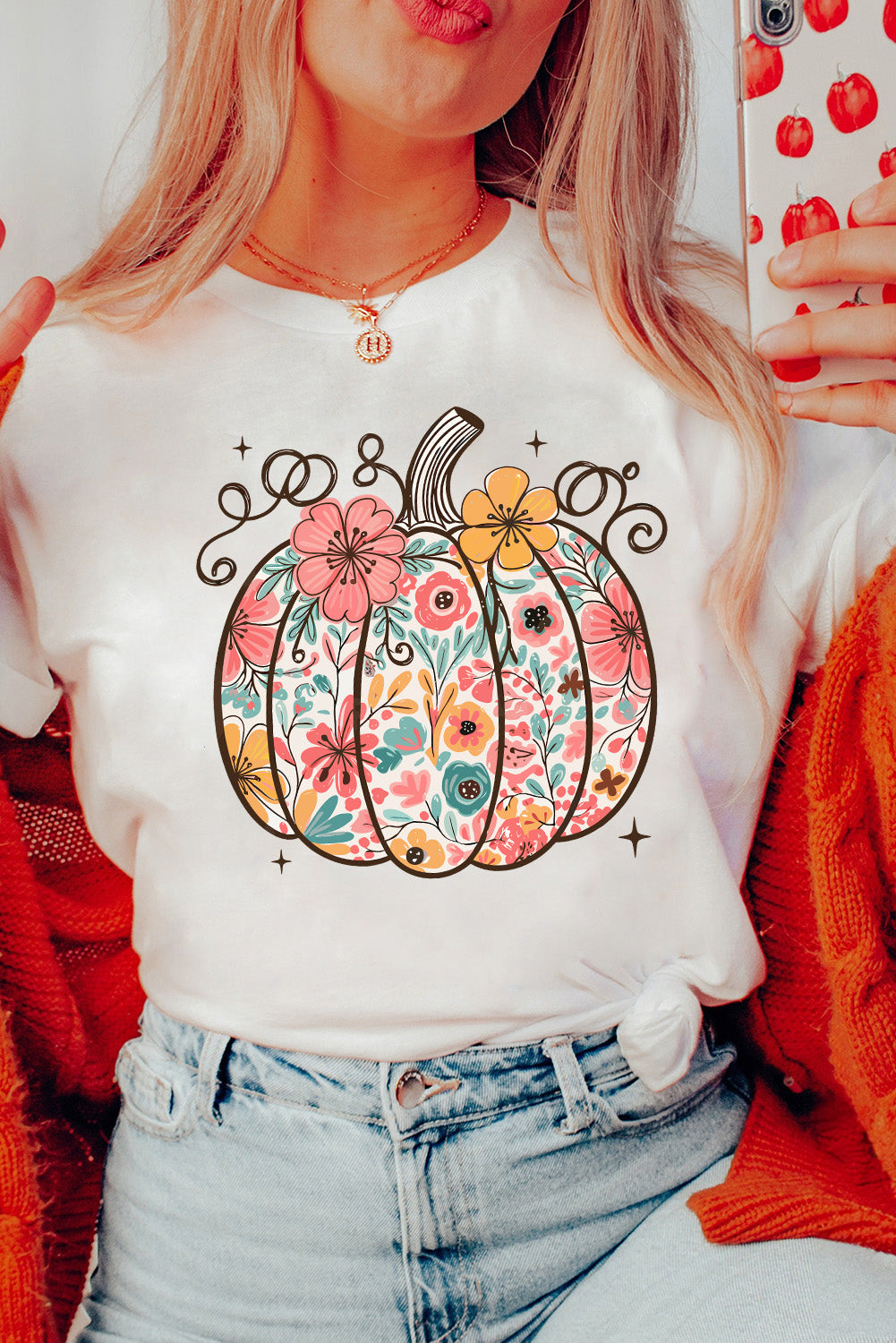 White Floral Pumpkin Heat Transfer Printing Cotton Blend T Shirt