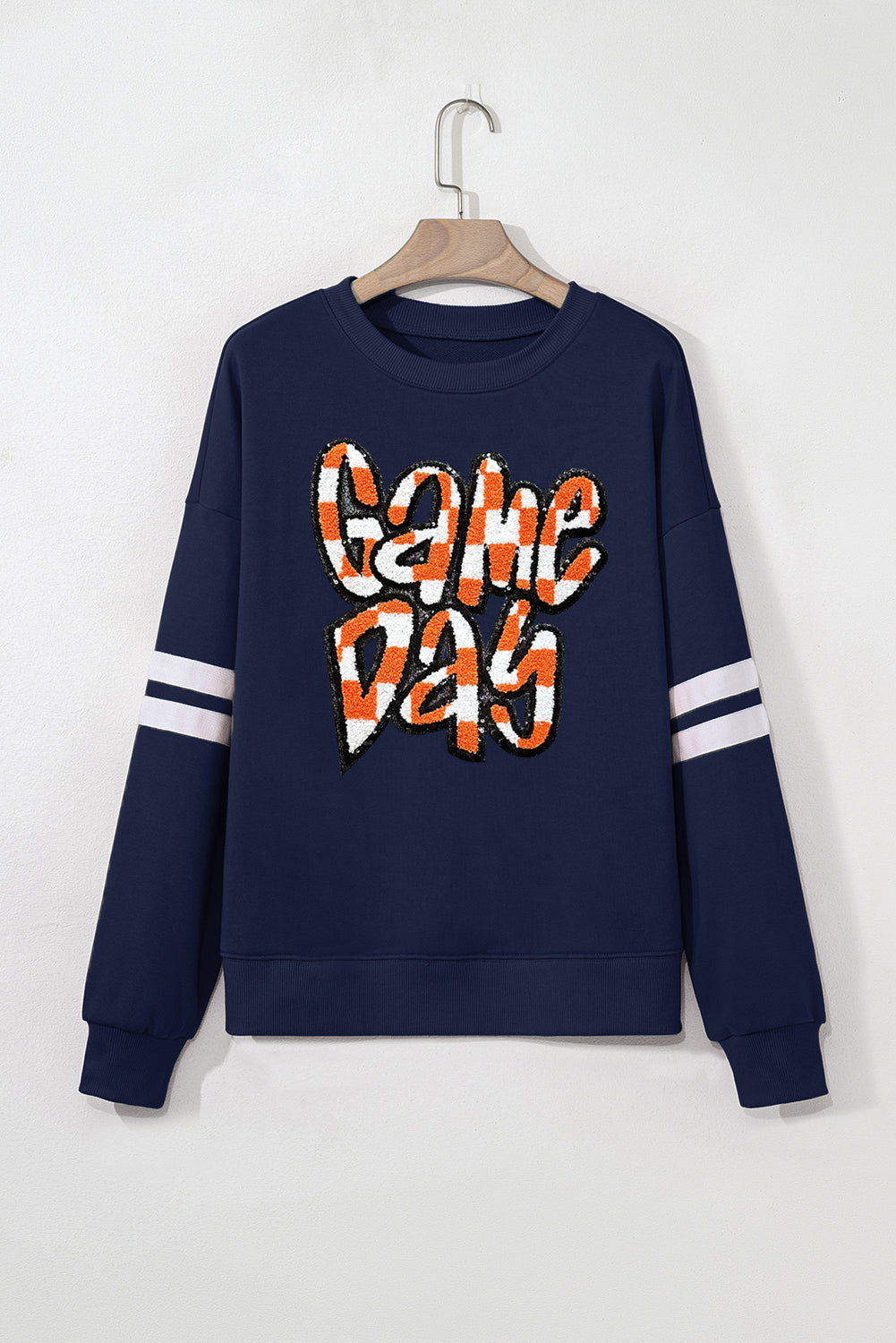 Navy Blue Game Day Chenille Checkered Letter Graphic Oversized Varsity Sweatshirt