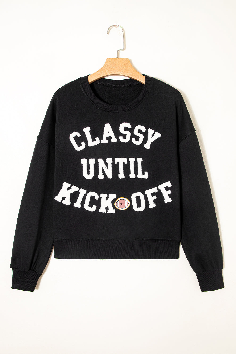 Navy Blue CLASSY UNTIL KICKOFF Plush Letter Patched Loose Sweatshirt