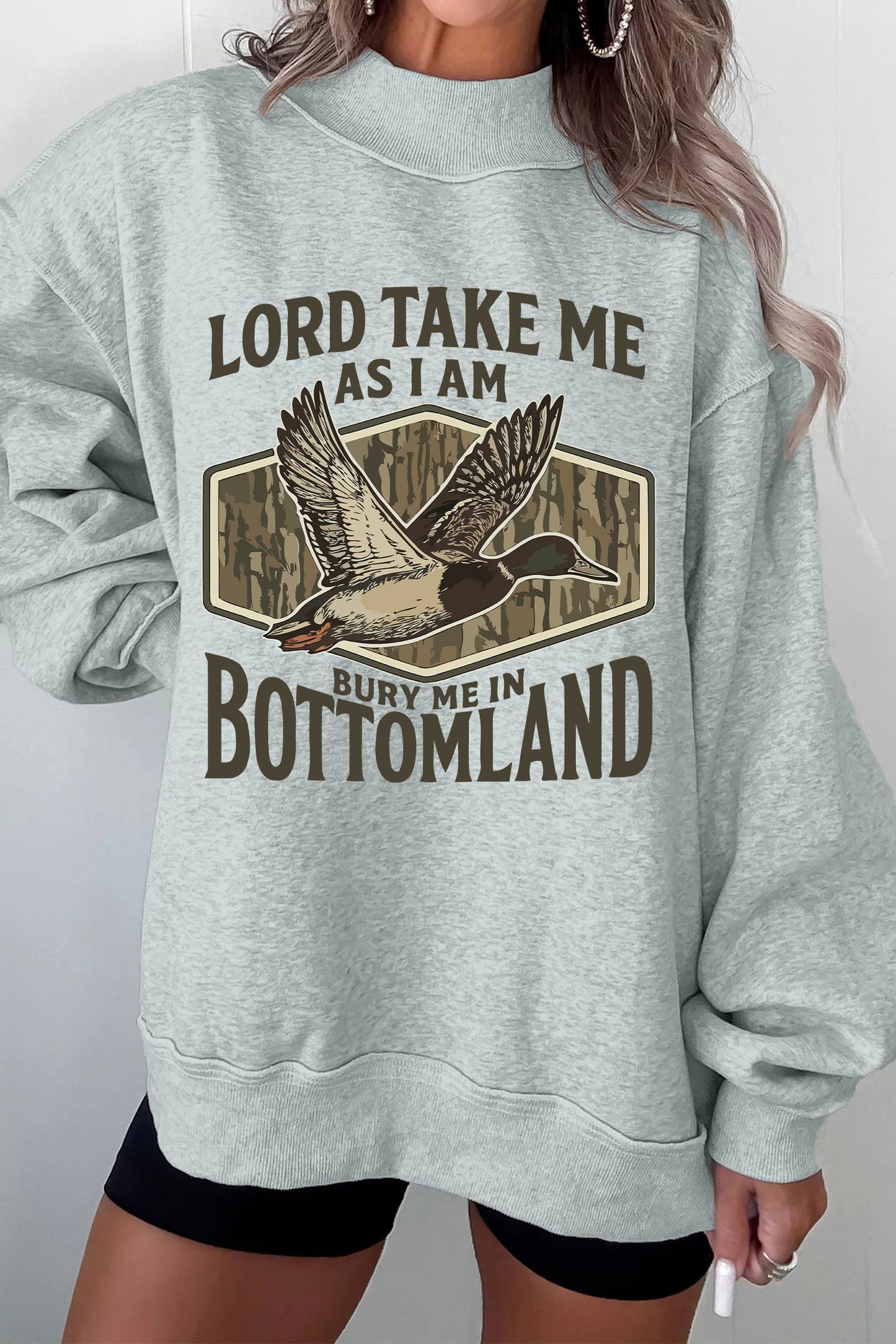 Gray Exposed Seam Mock Neck Western Print Duck Sweatshirt