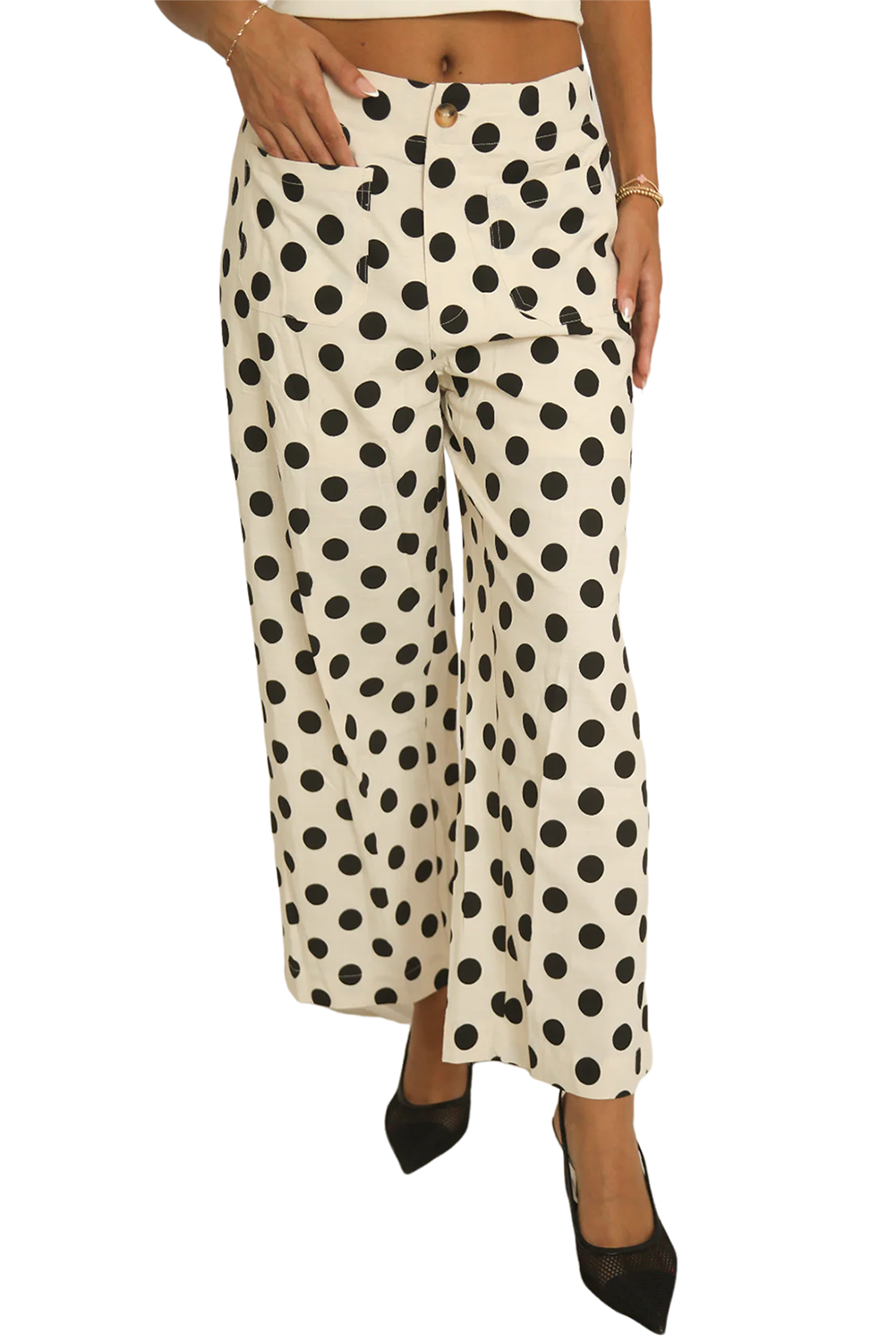 White Polka Dot Print Patched Pocket Loose Pants