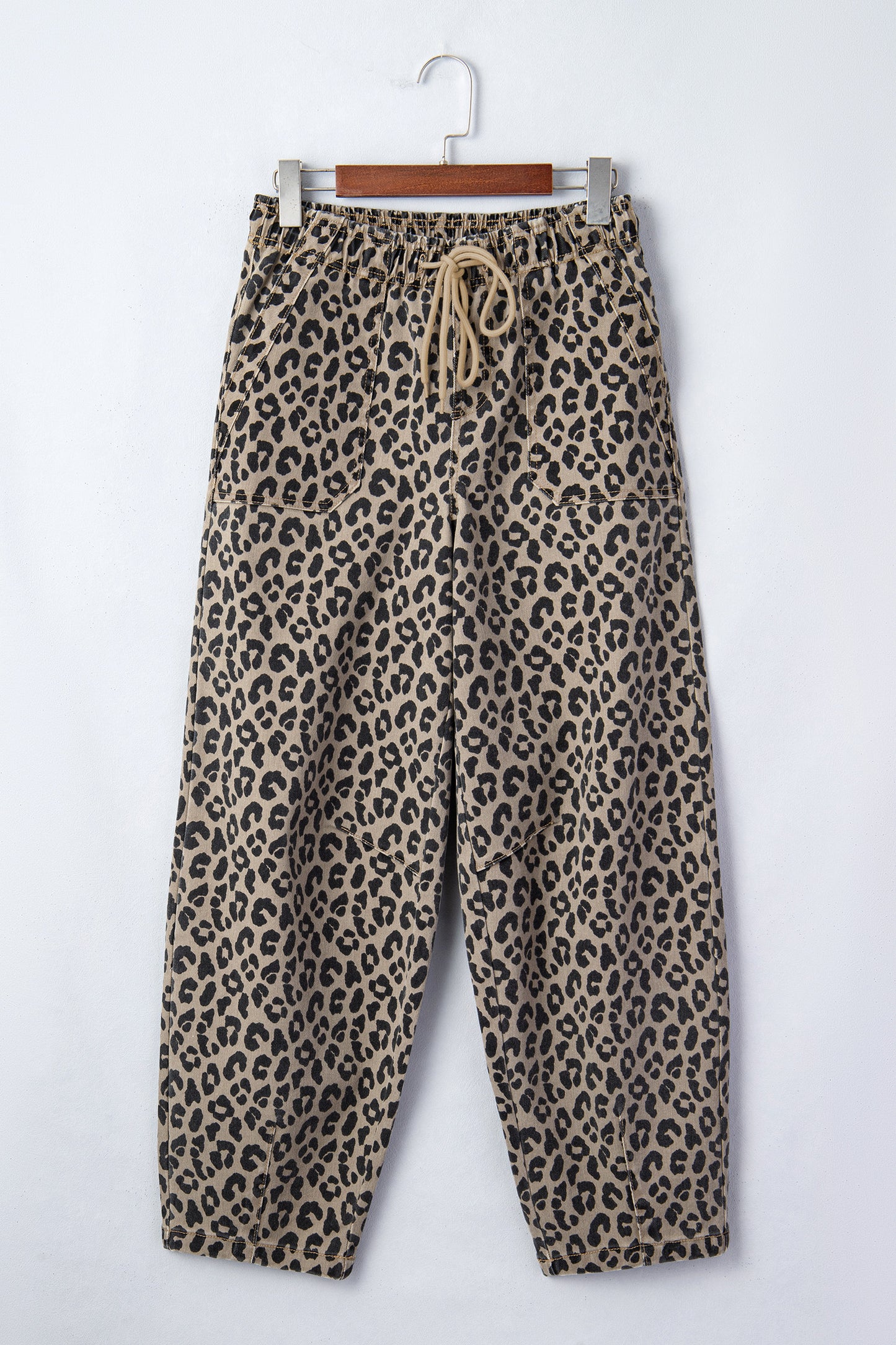 Khaki Leopard Print Drawstring Elastic Waist Loose Denim Pants with Pockets