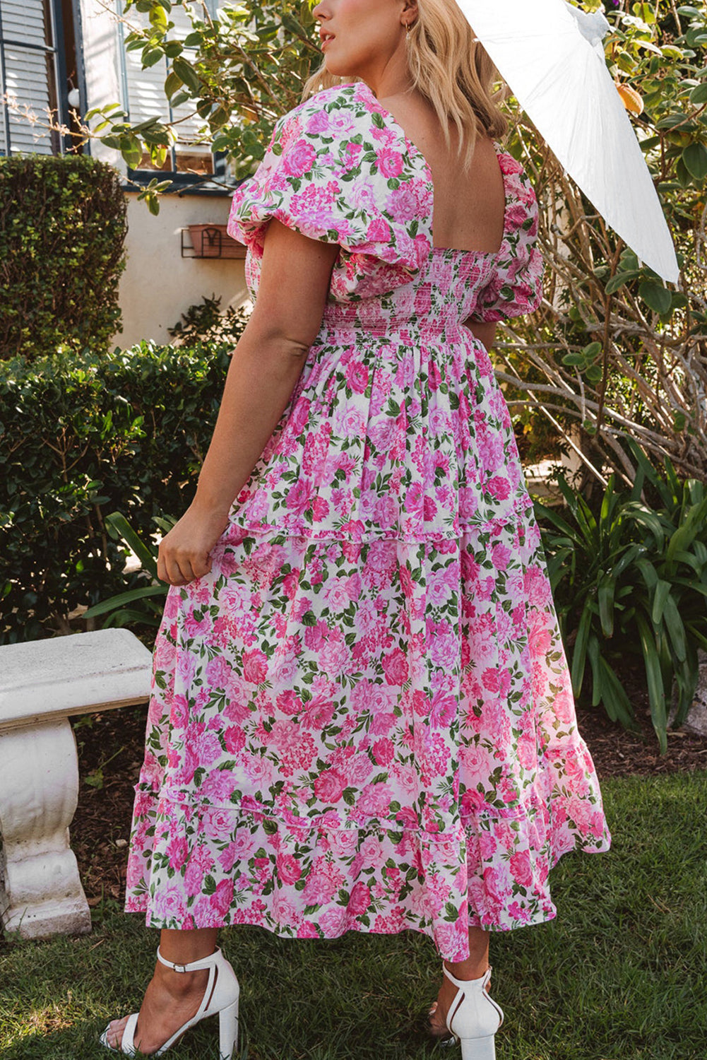 Pink Dainty Floral Smocked Puff Sleeve Flowy Long Dress
