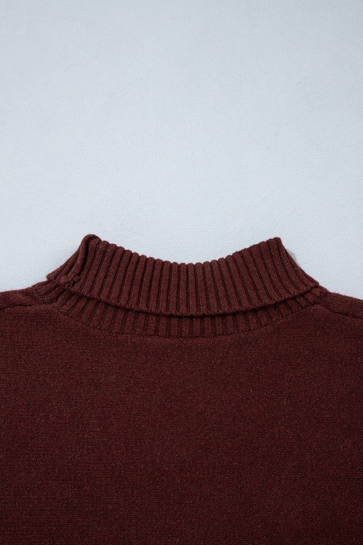 Burgundy Ribbed Trim High Neck Short Sleeve Casual Sweater