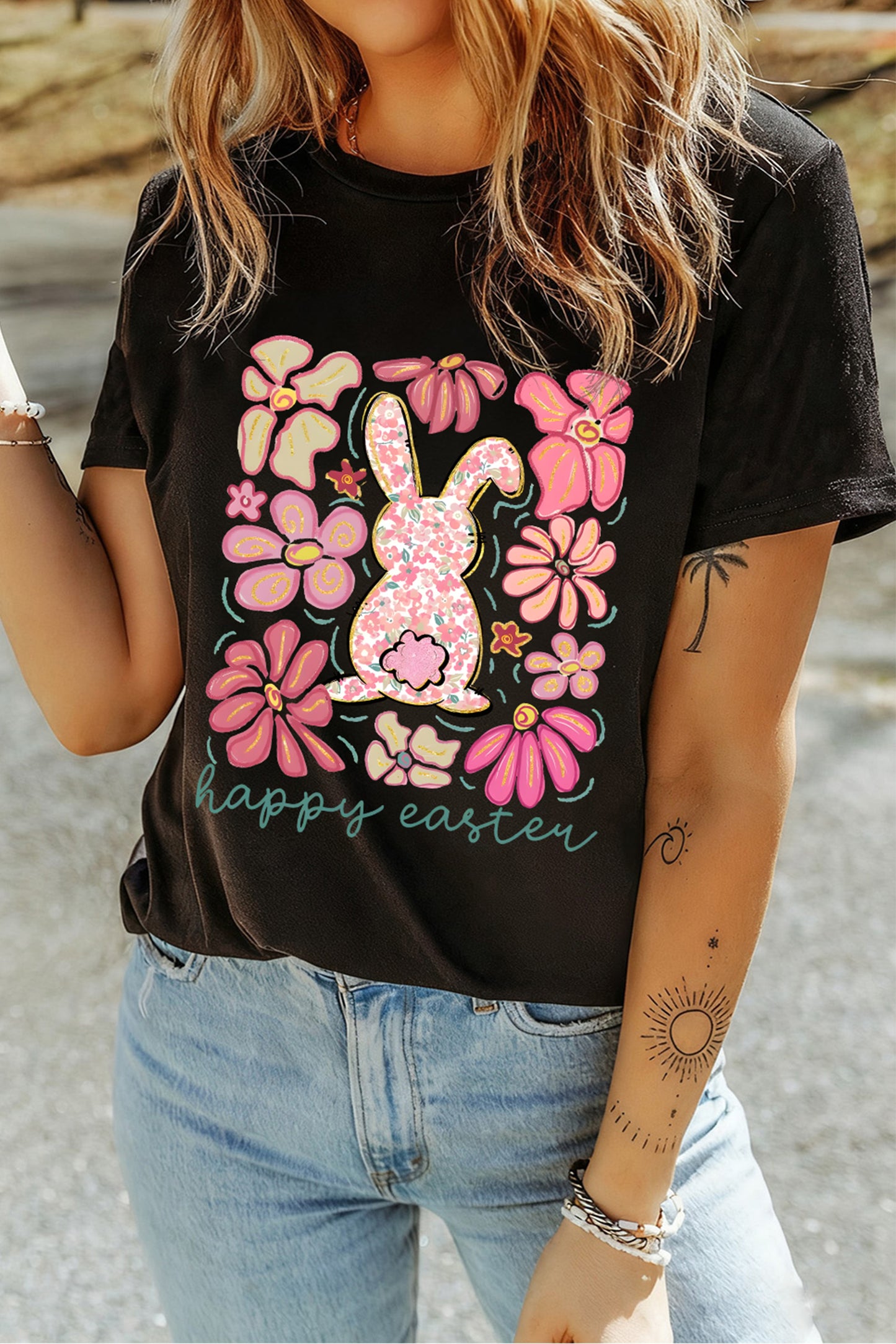 Black Happy Easter Bunny Flower Printed Casual Tee