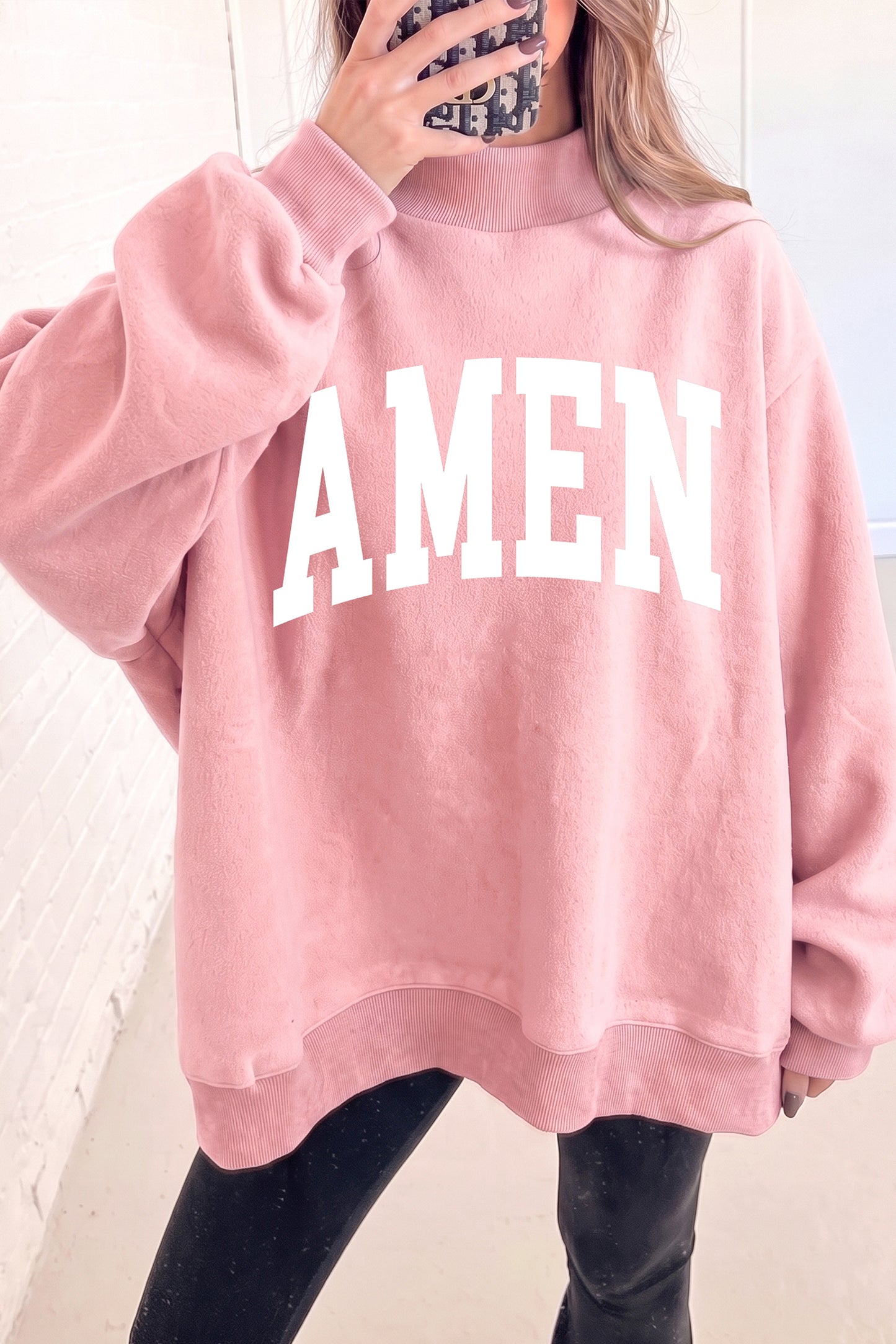 Light Pink WWJD/ AMEN Double Side Printed Mock Neck Reversible Sweatshirt