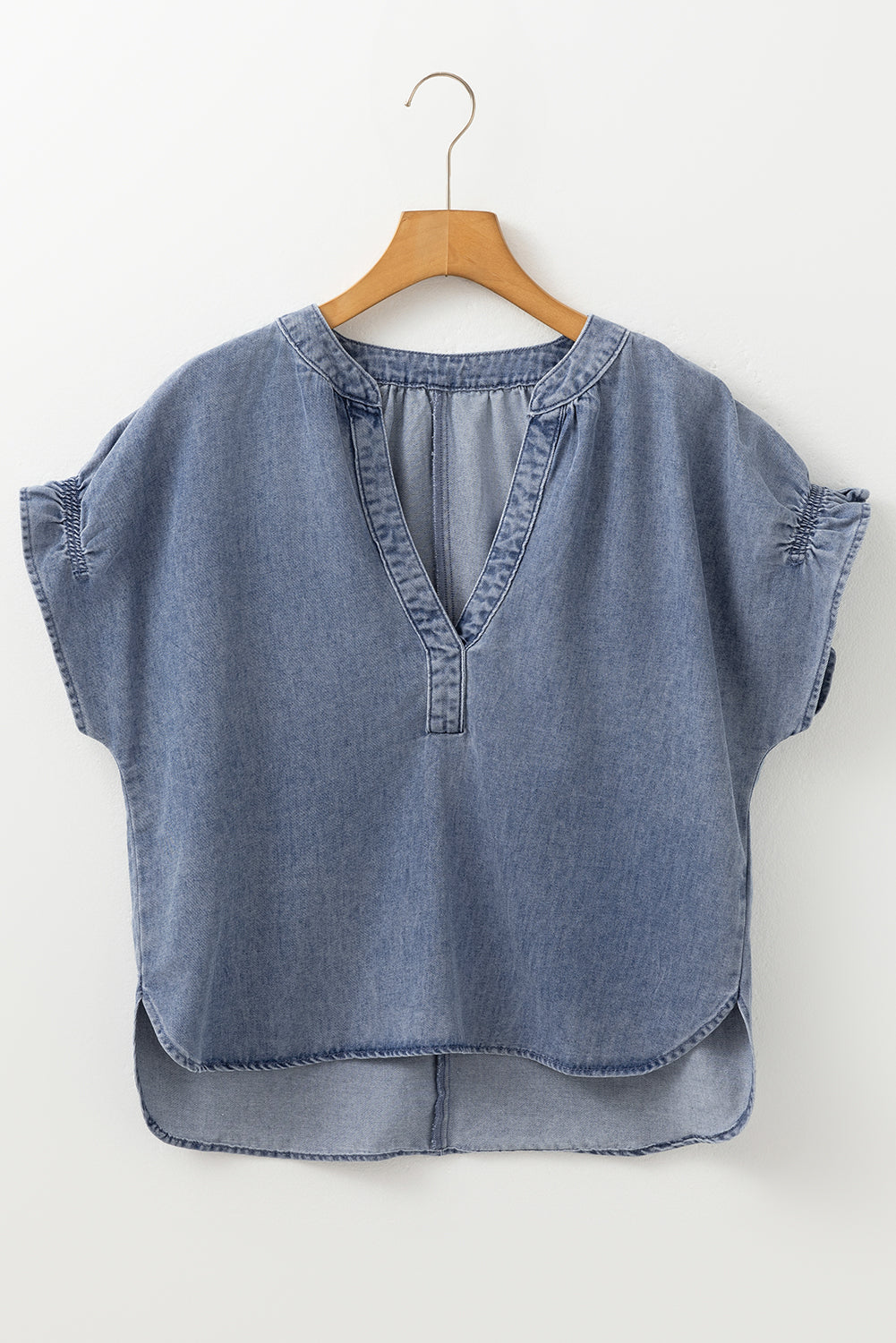 Dusk Blue V Neck Ruffled Short Puff Sleeve Denim Top