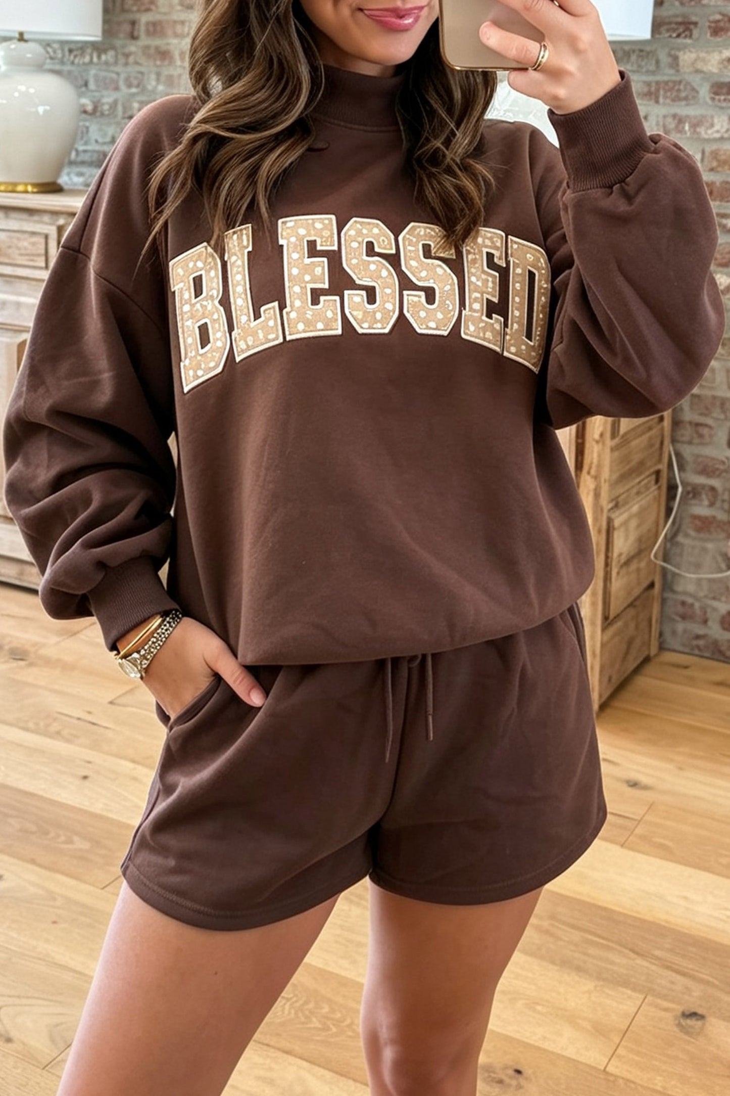 Coffee Christmas Slogan Print Mock Neck Pullover and Shorts Set