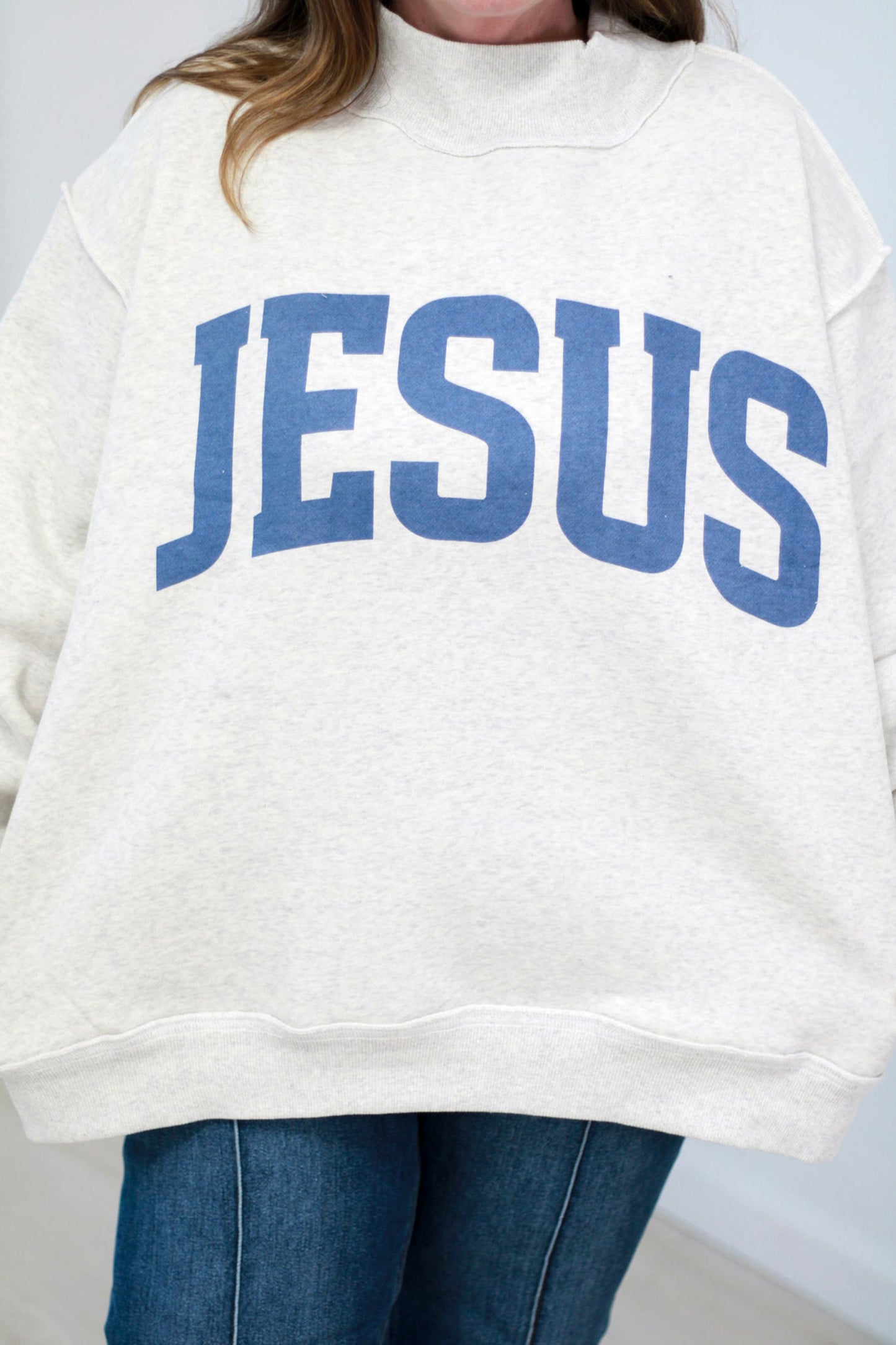 Yellow Jesus Slogan Stand Neck Long Sleeve Oversized Tunic Plus Size Sweatshirt