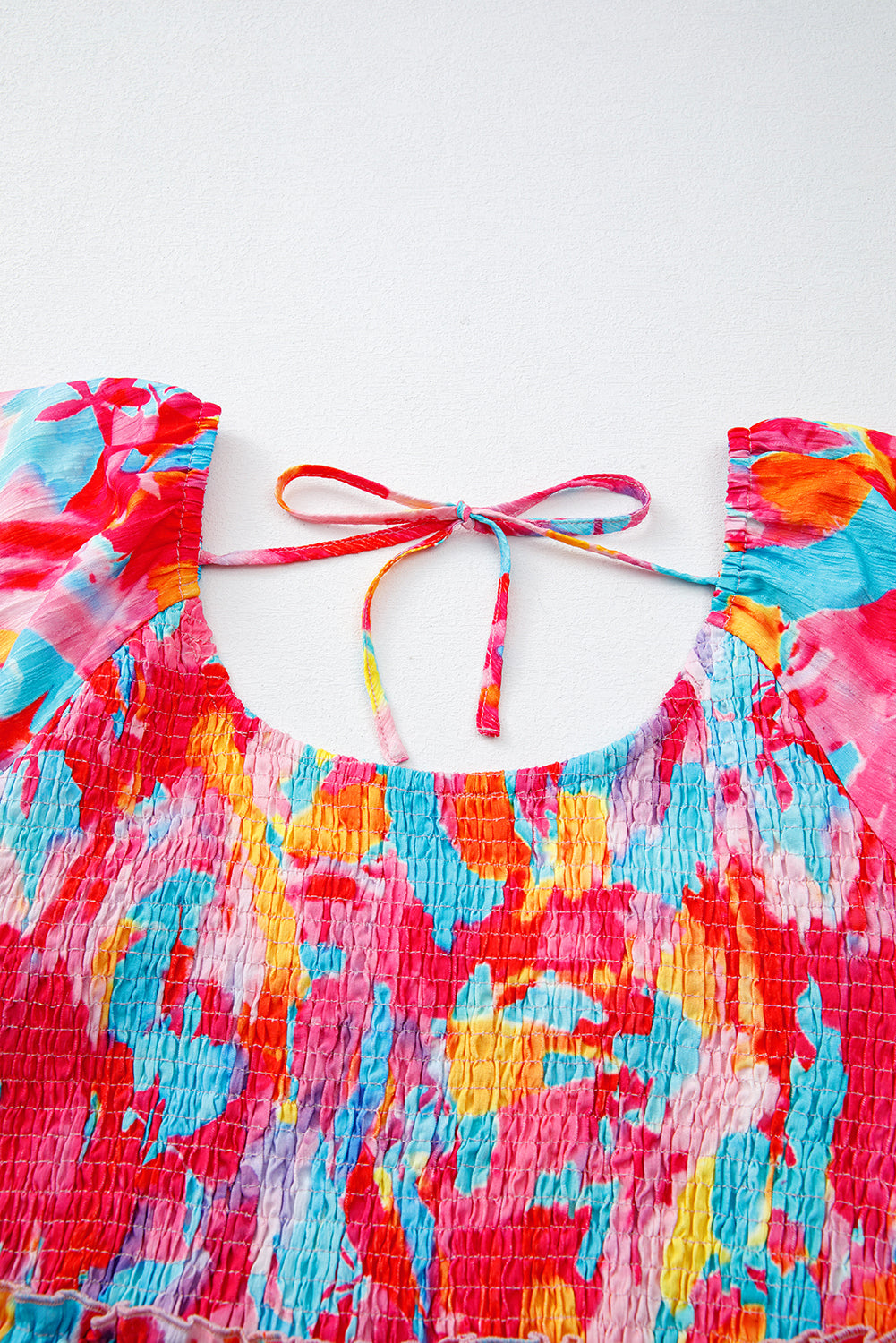 Rose Abstract Printed Puff Sleeve Square Neck Smocked Bust Tied Back Plus Size Dress