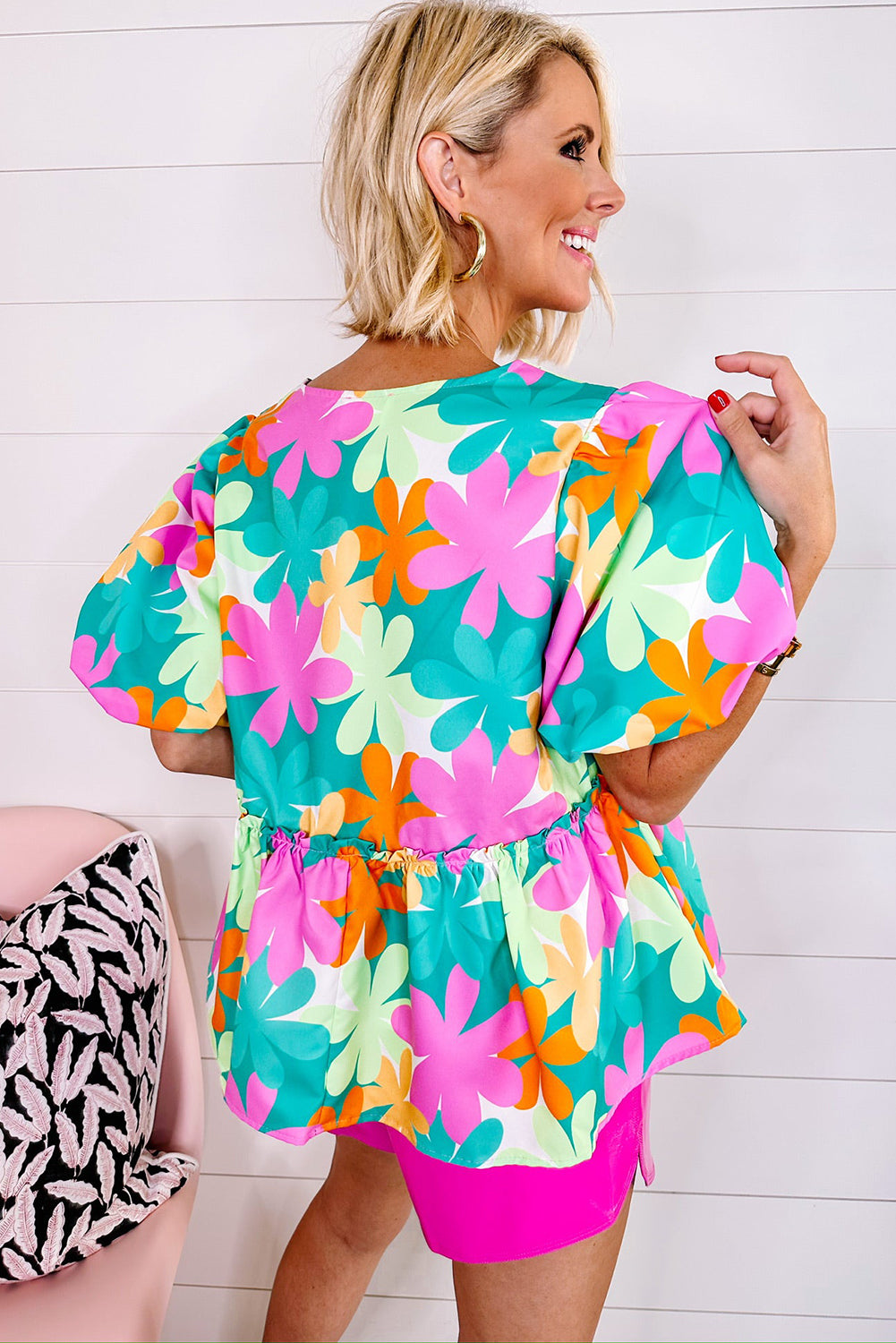 Pink Floral Print Bubble Sleeve V Neck Peplum Blouse