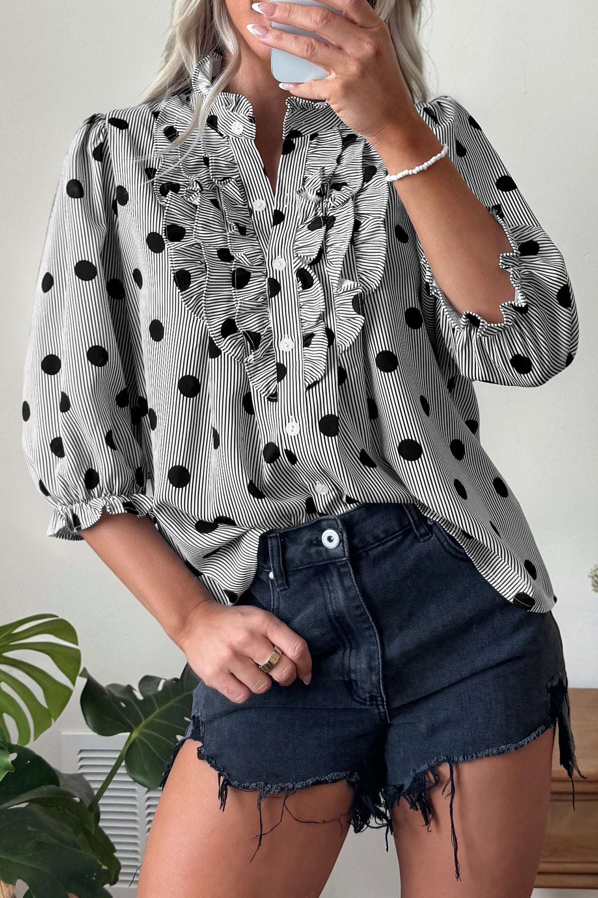 Fiery Red Polka Dot Striped Print Ruffle Stand Neck 3/4 Sleeve Shift Shirt