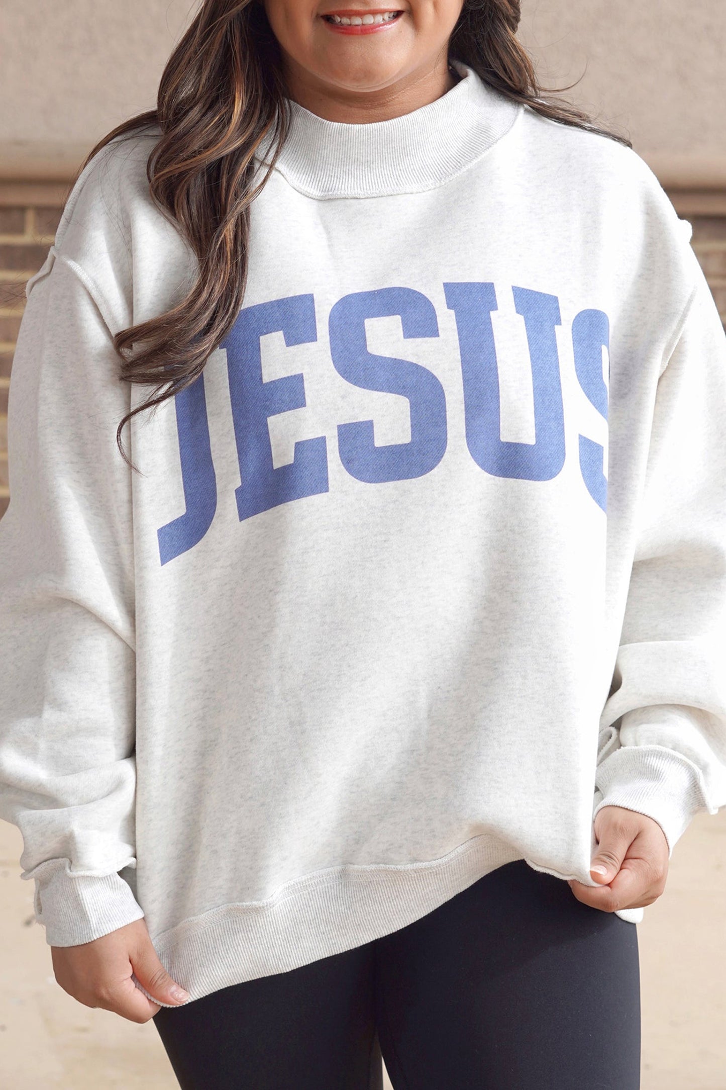 Yellow Jesus Slogan Stand Neck Long Sleeve Oversized Tunic Plus Size Sweatshirt