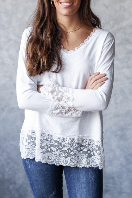White Lace Trim V Neck Cuffed Long Sleeve Loose Top