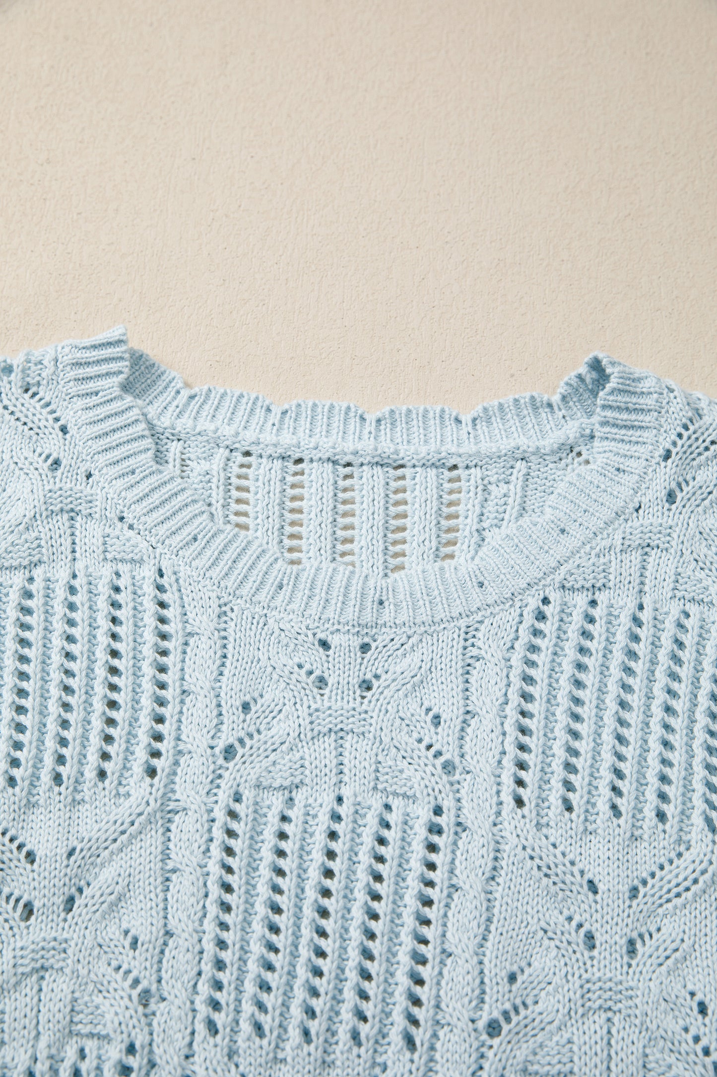 Mint Green Pointelle Knit Patterned Scalloped Trim Short Sleeve Sweater