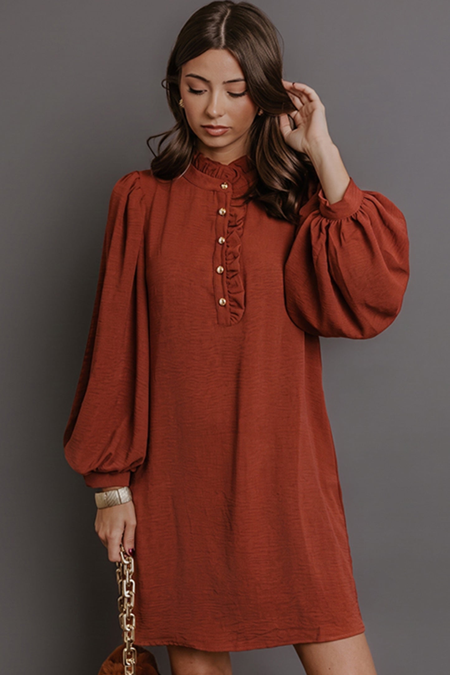 Coffee Solid Shift Long Sleeve Short Length One Piece Dress