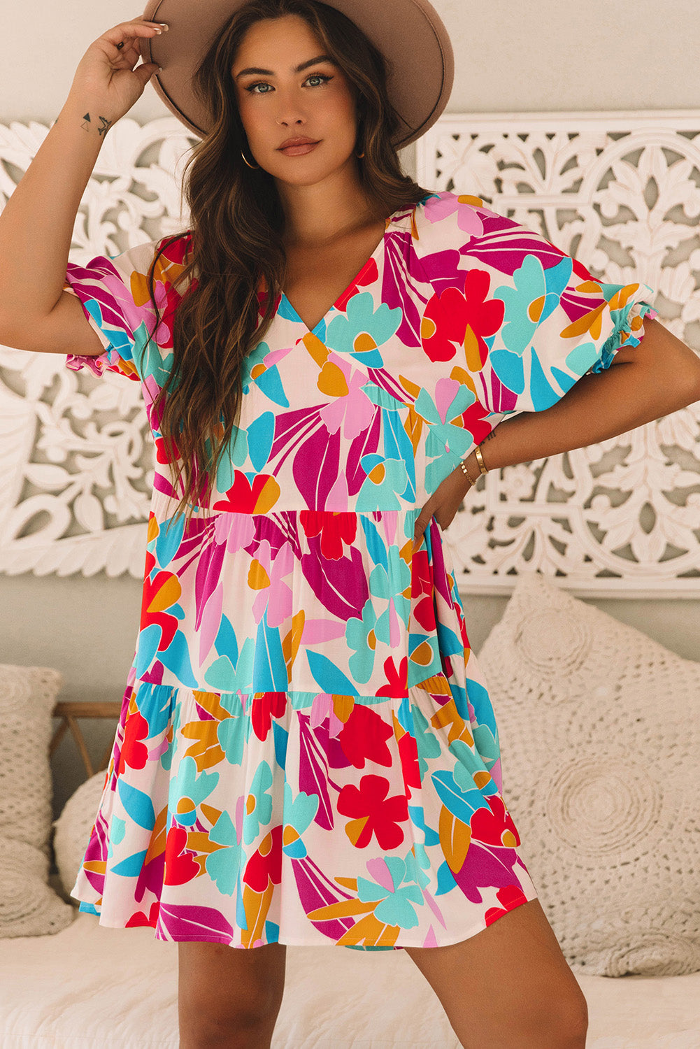 Rose Red Floral Bubble Sleeve V Neck Tiered Ruffle Babydoll Dress