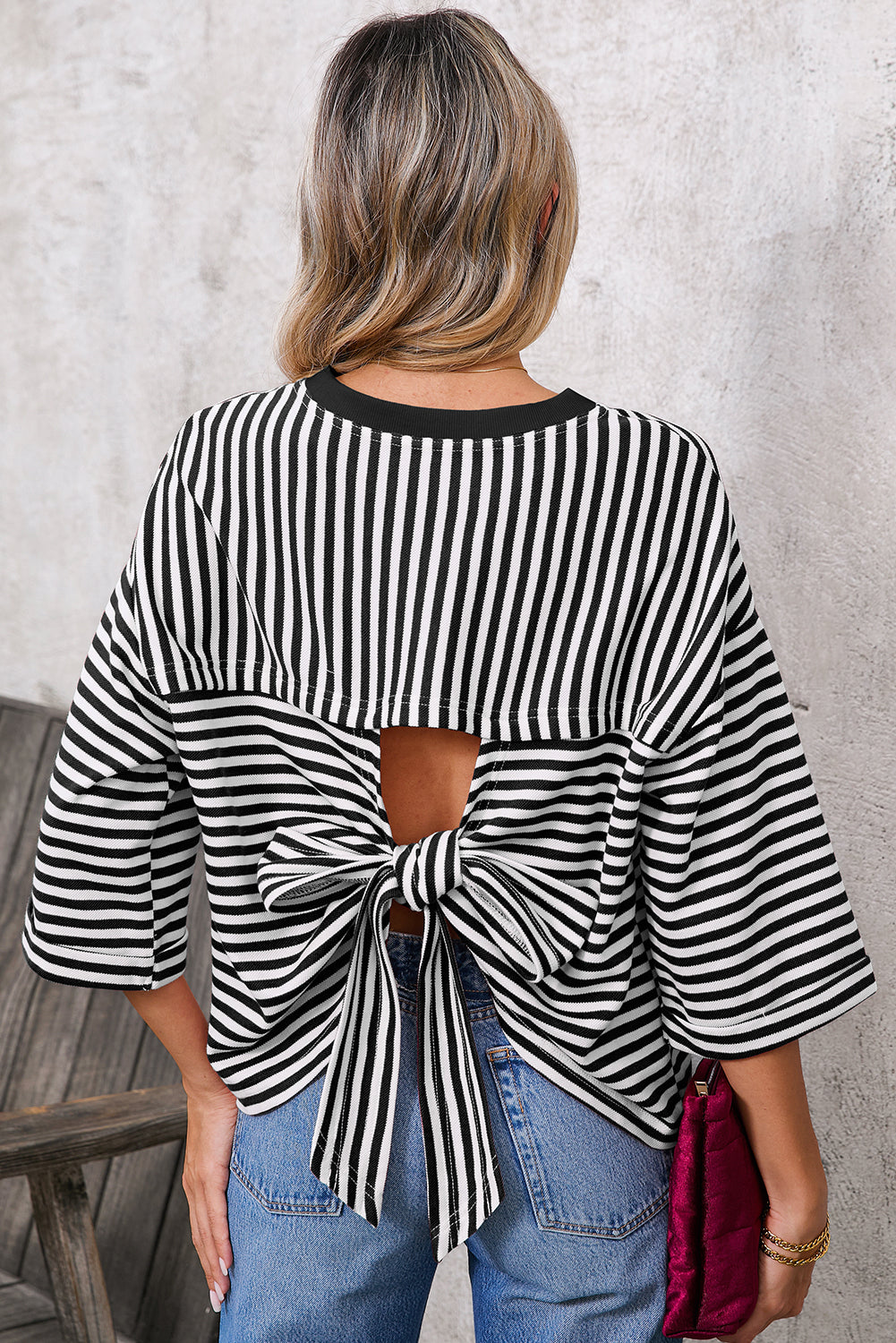 Red Striped Bowknot Backless T-Shirt