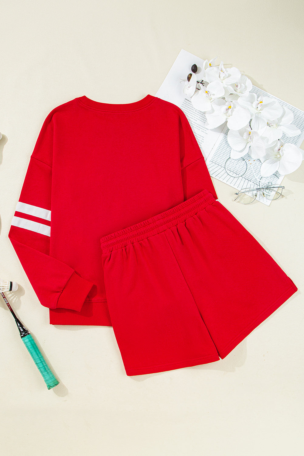Orange Varsity Striped Sleeve Drop Shoulder Sweatshirt and Shorts Set