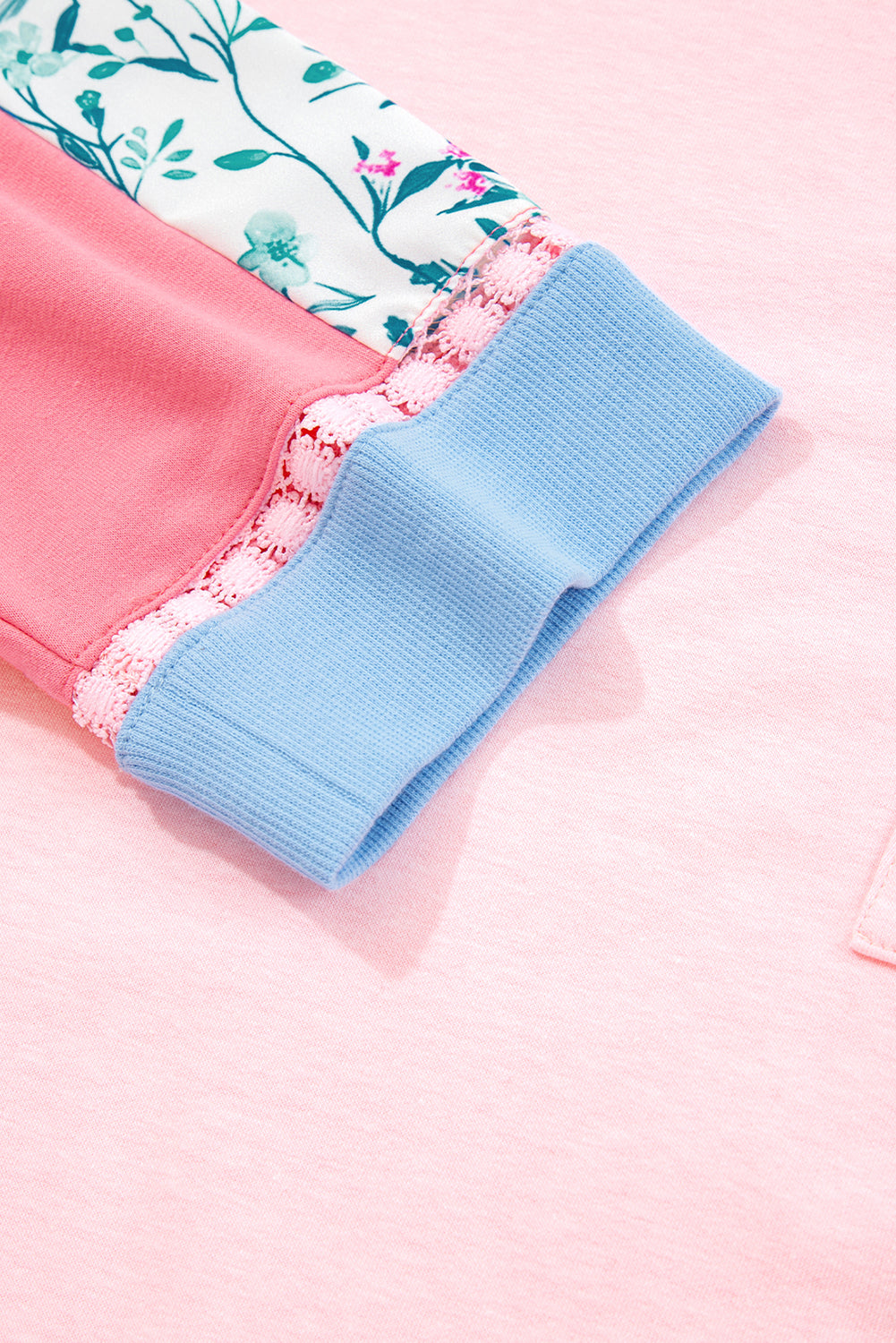 White Floral Colorblock Patchwork Notched Neck Long Sleeve Top