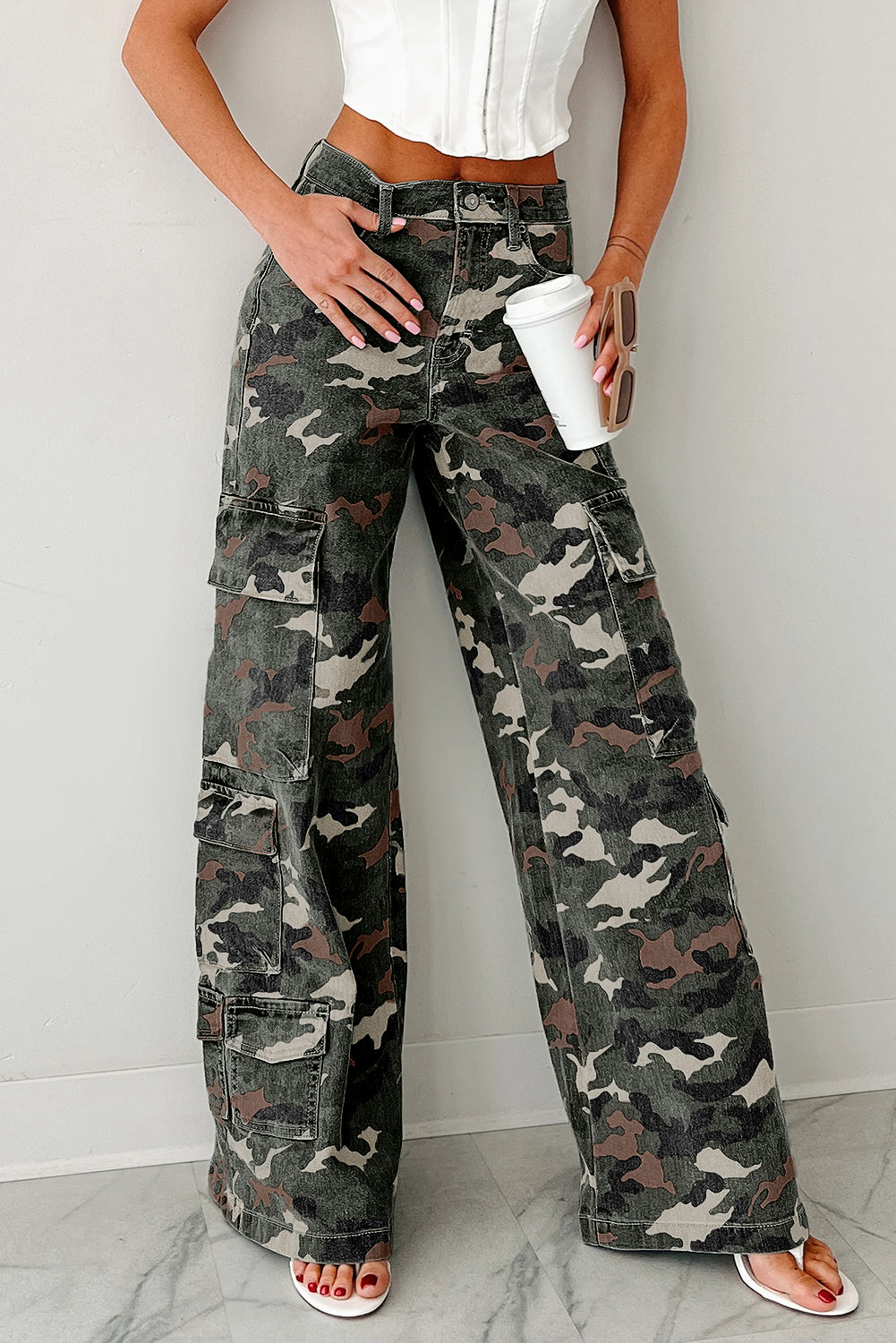 Green Camo Denim Cargo Wide Leg Pants