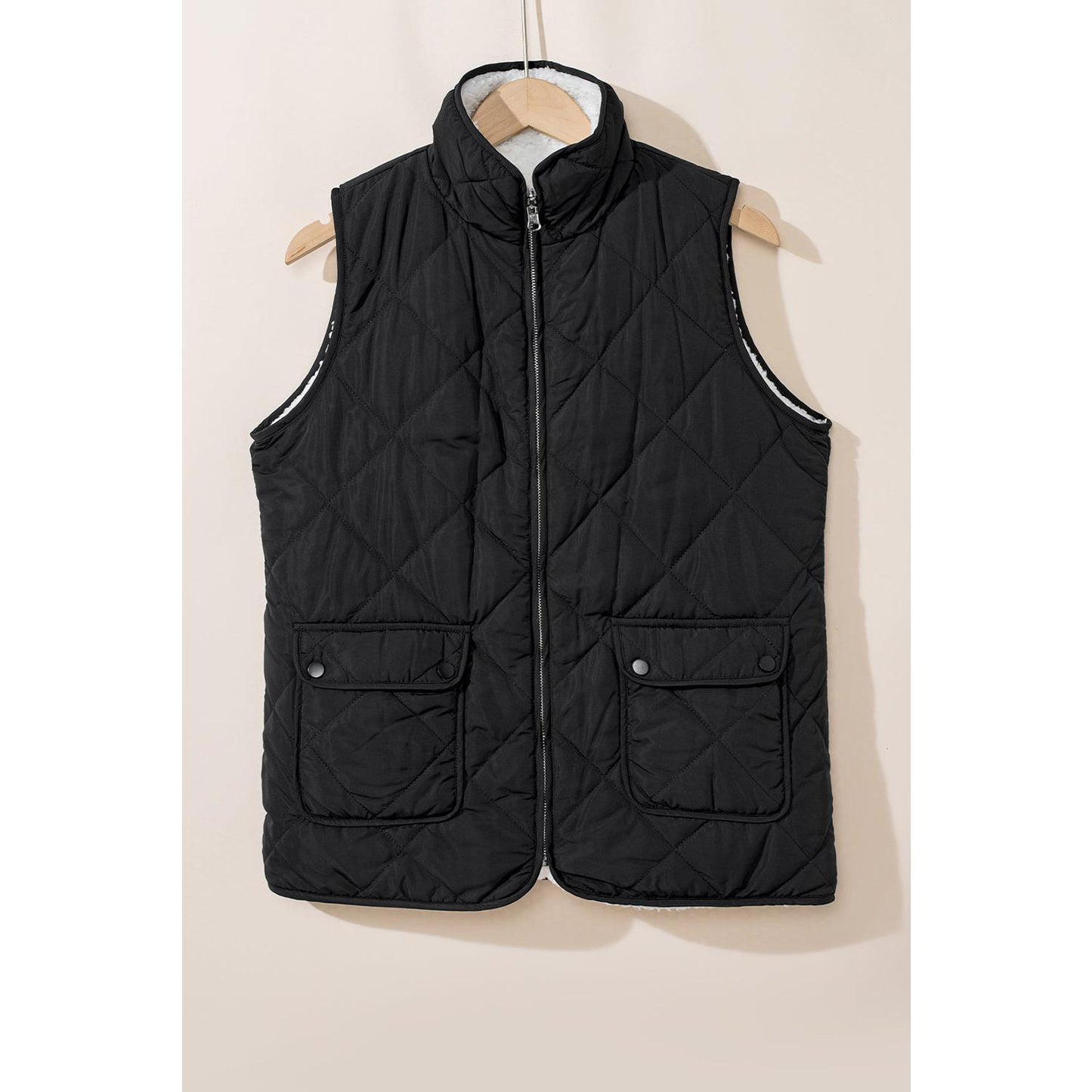 Black Fleece Lined Quilted Zip up Vest Coat Womenswear Tops