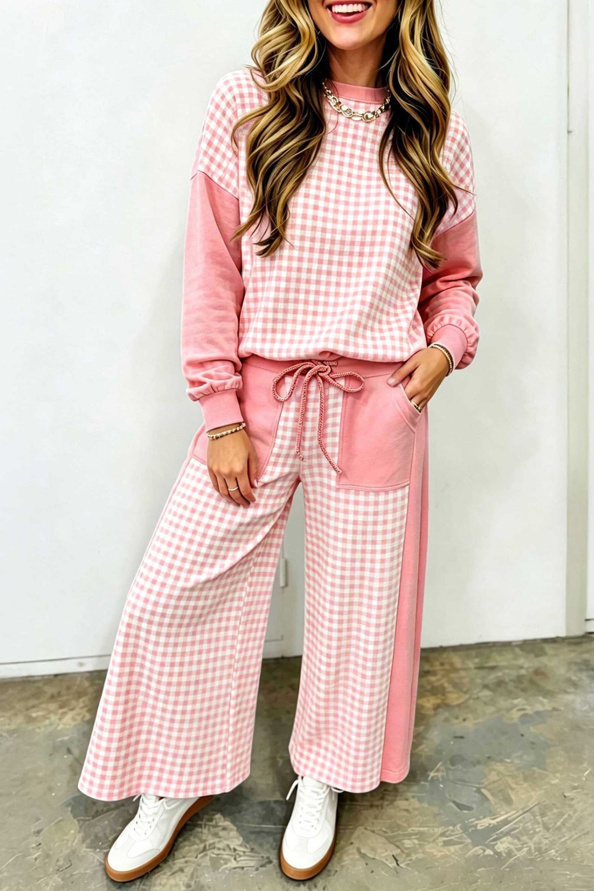 Green Color Block Plaid Patchwork Long Sleeve Pullover Wide Leg Pant Set