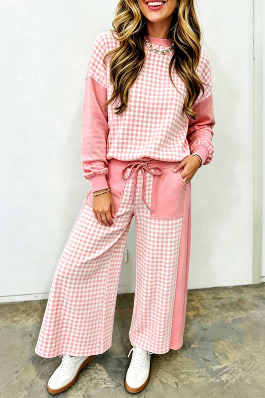 Green Color Block Plaid Patchwork Long Sleeve Pullover Wide Leg Pant Set