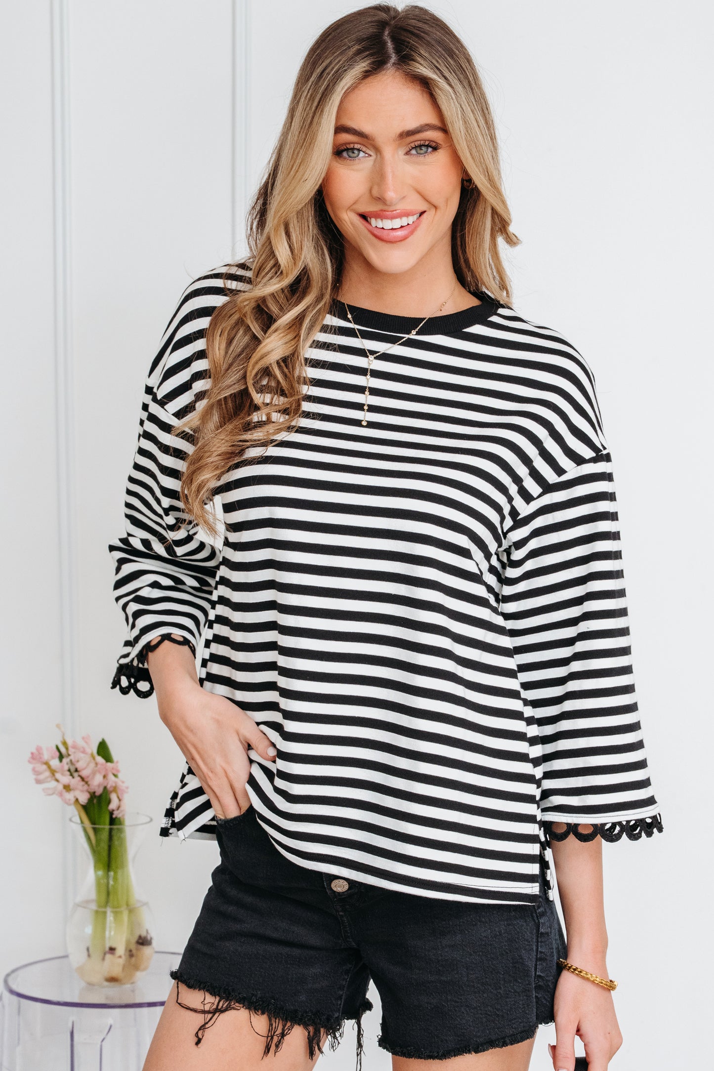 Sachet Pink Striped Print Drop Shoulder Lace Trim Bracelet Sleeve Loose Top