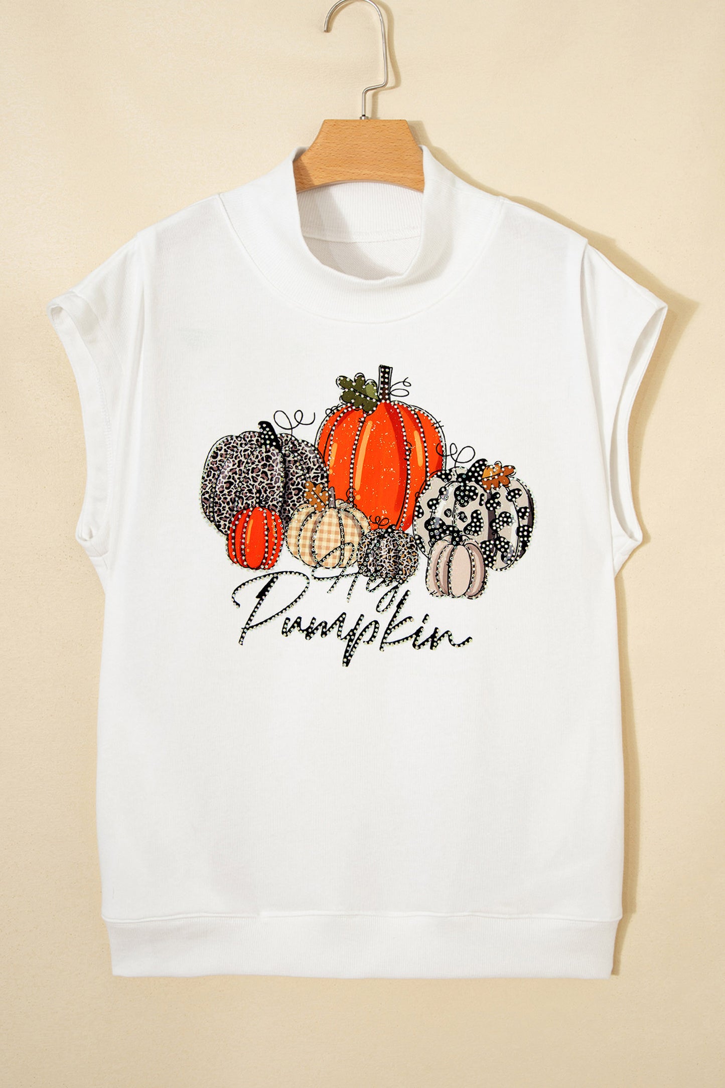 White Rhinestone Embellished Pumpkin Graphic High Neck Cap Sleeve Top