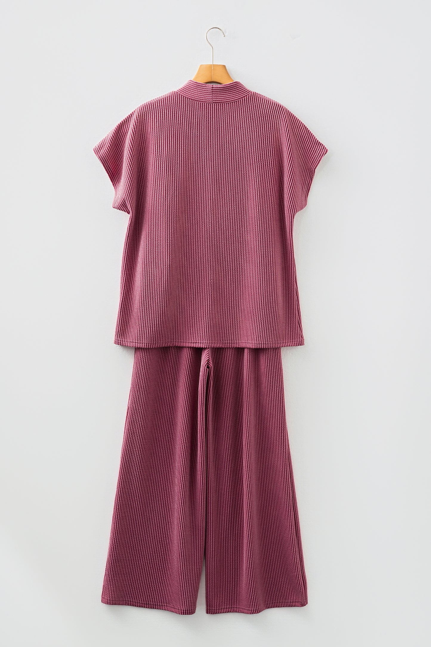 Dark Grey Twisted Ribbed High Neck Loose Tee Elastic High Waist Loose Pant Set