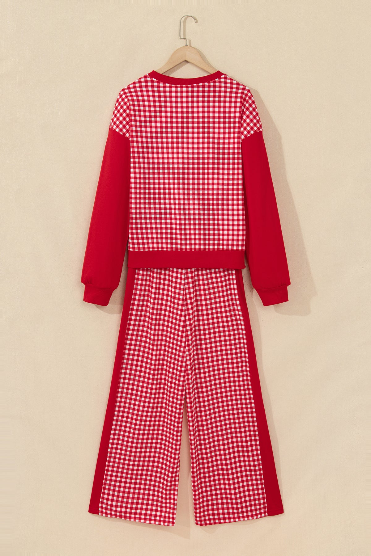 Green Color Block Plaid Patchwork Long Sleeve Pullover Wide Leg Pant Set