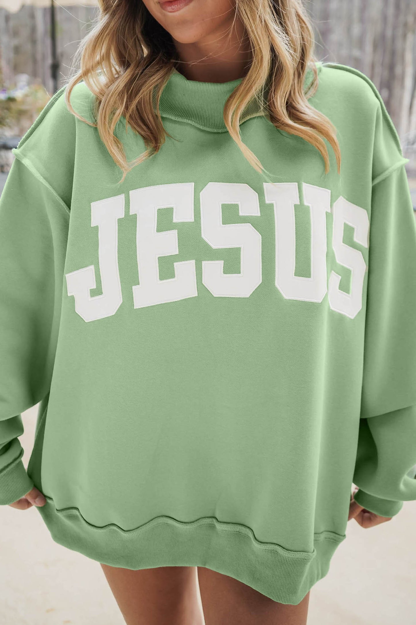 Orchid Bouquet JESUS Letter Print Exposed Seam Mock Neck Baggy Sweatshirt