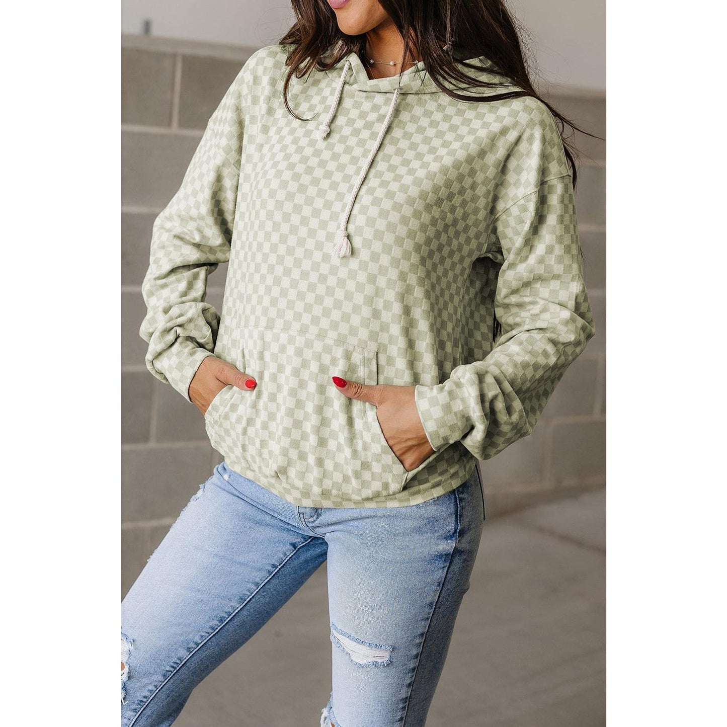 Green Checkered Print Kangaroo Pocket Drawstring Hoodie