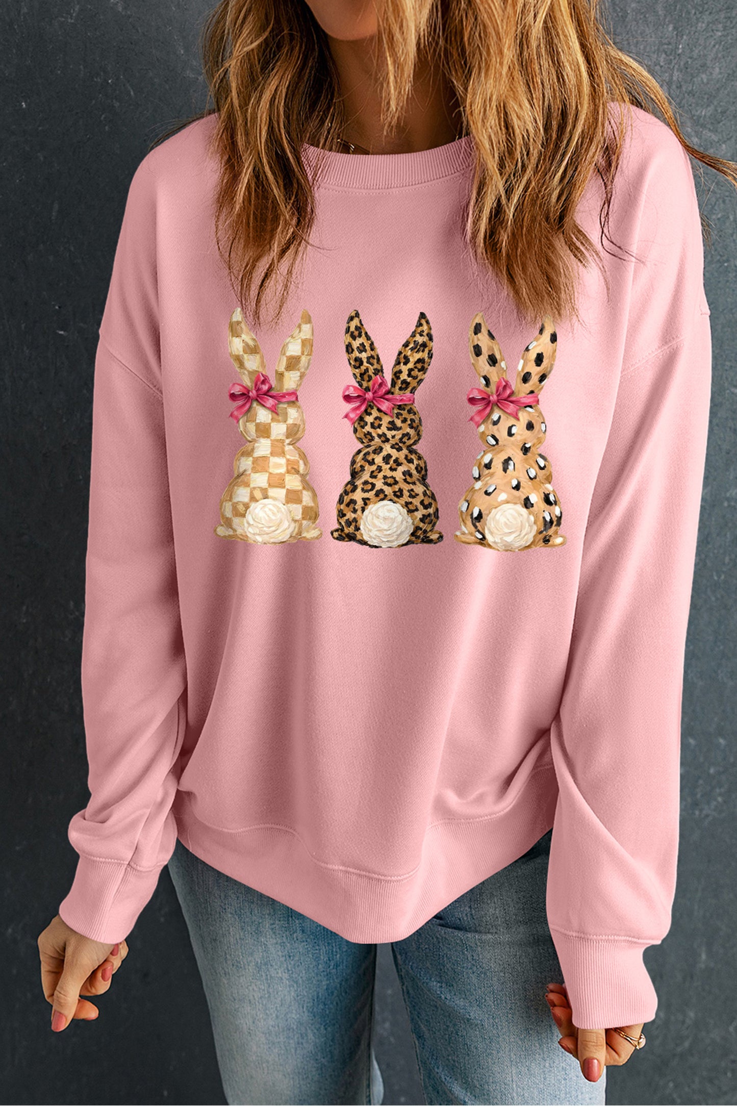 Pink Checkered Leopard Easter Bunny Dropped Shoulder Sweatshirt