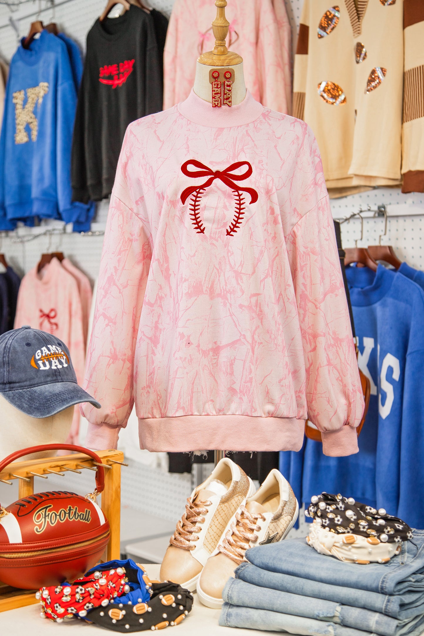 Pink Tie Dye Camo Embroidered Bow Game Day Mock Neck Sweatshirt