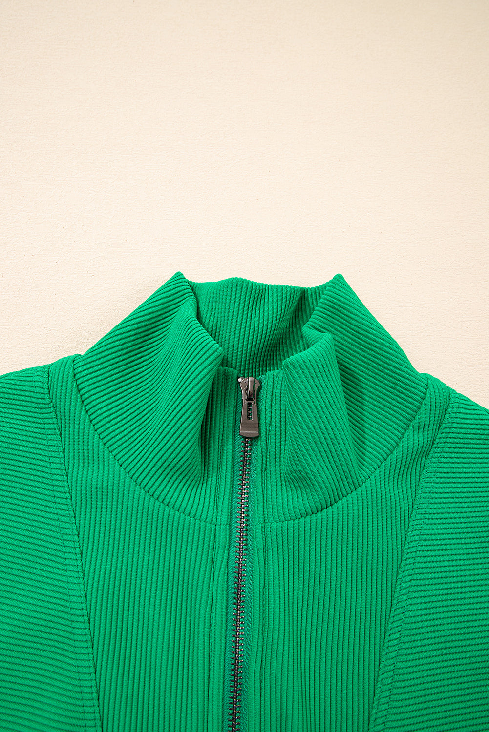 Bright Green Textured Short Sleeve Half Zip Drawstring Waist Romper