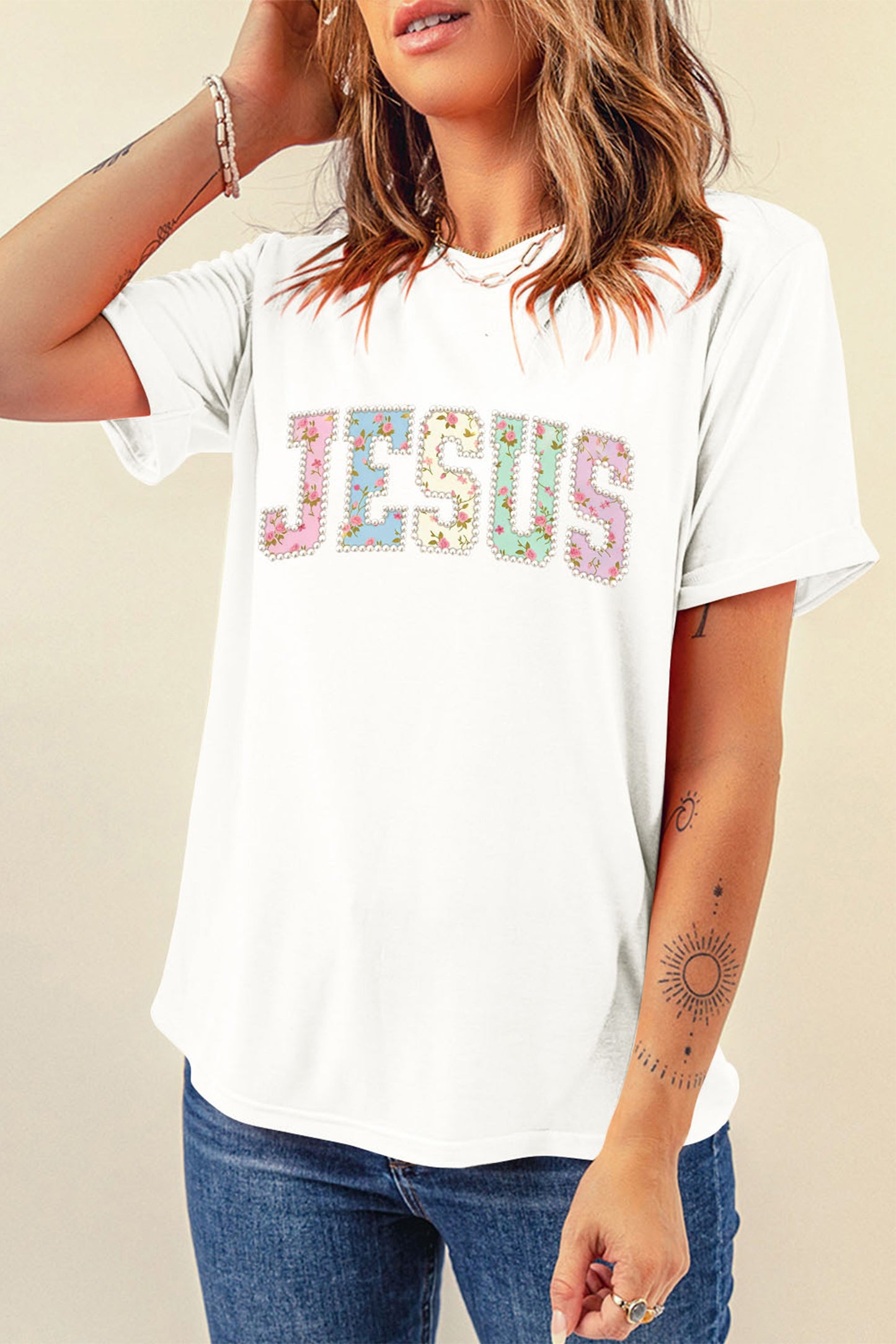 White JESUS Floral Pearl Printed Letter Graphic Tee