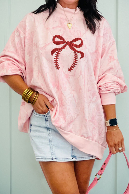 Pink Tie Dye Camo Embroidered Bow Game Day Mock Neck Sweatshirt