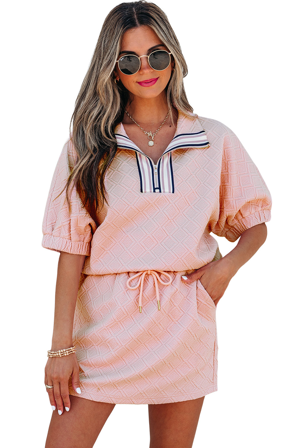 Light Pink Striped Collared Zip up Textured Skirt Set