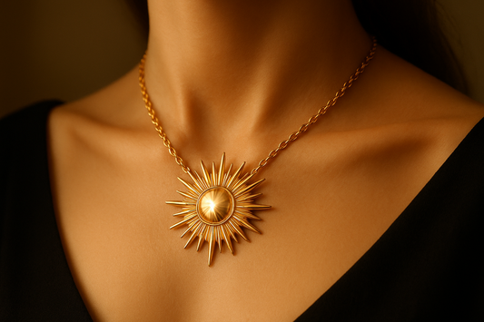 golden radiance sunburts necklace on woman neck 