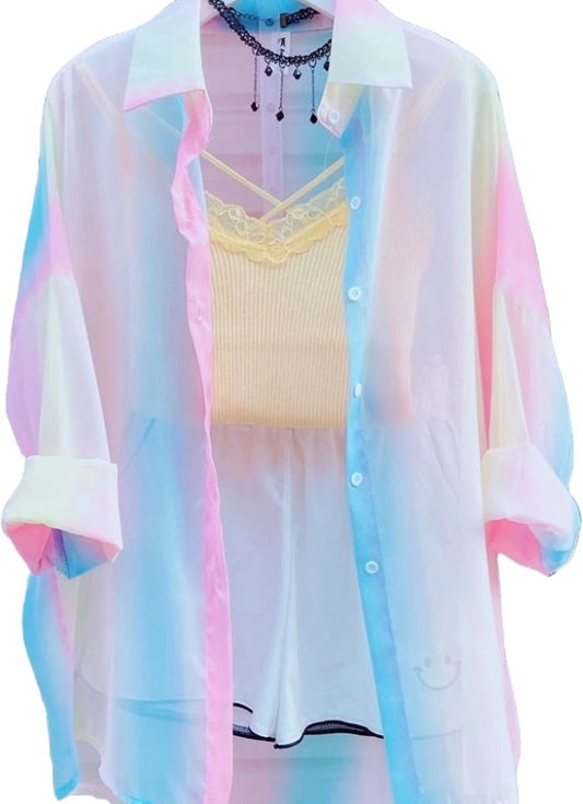 Title: Pastel Dream Oversized Sheer Button-Down Blouse
